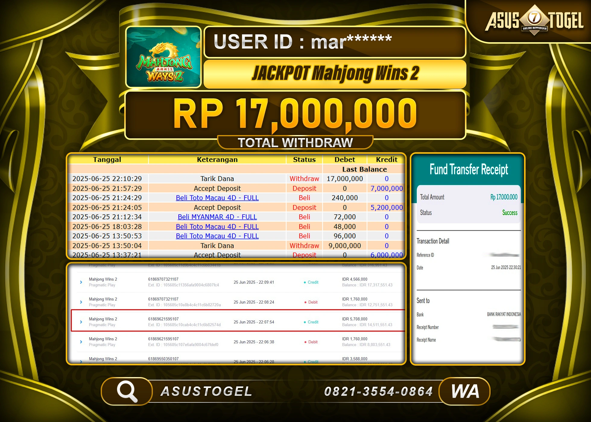 ASUSTOGEL KEMENANGAN DI SLOT MAHJONG WINS 2 SEBESAR 17,000,000- RUPIAH LUNAS