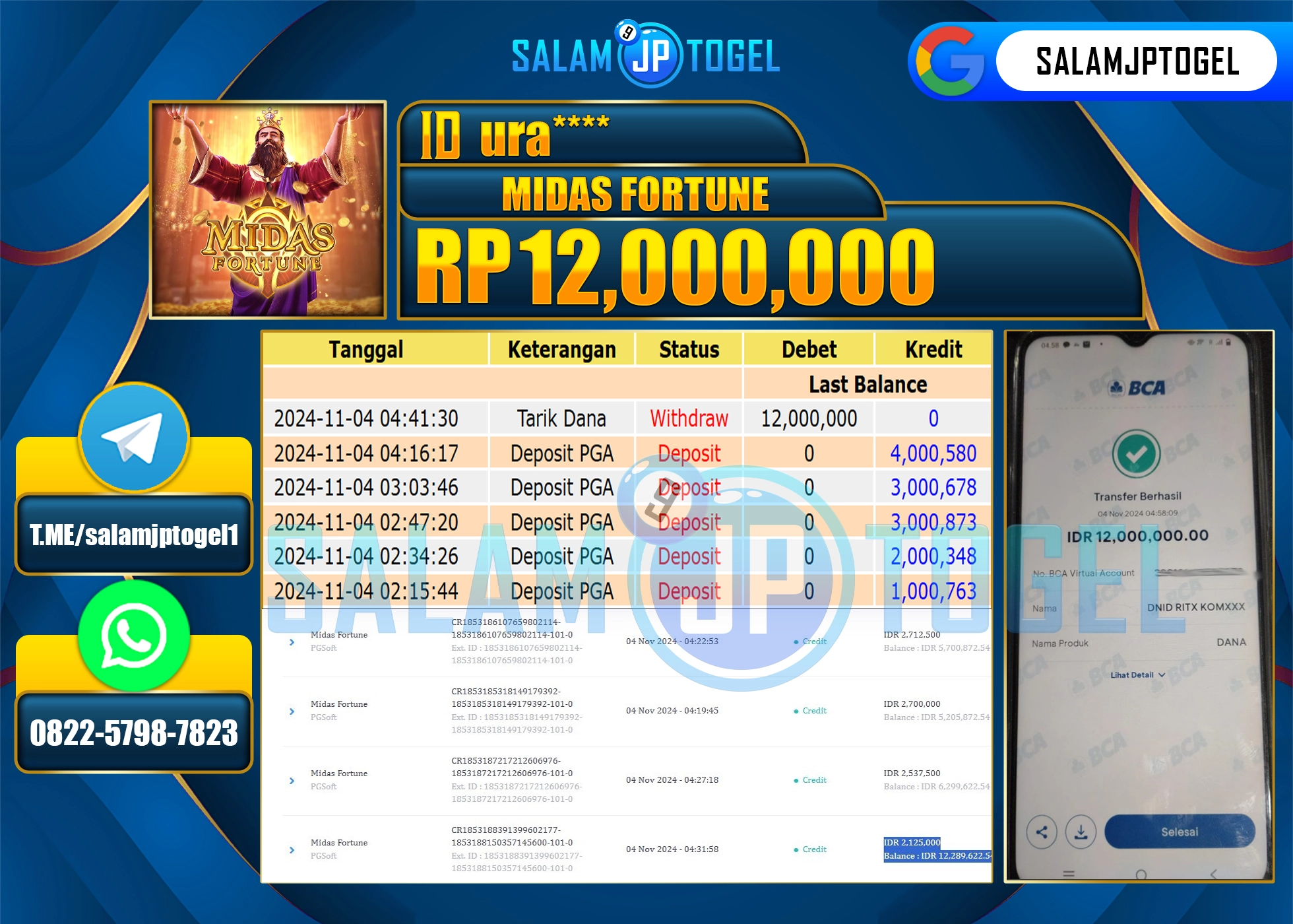 SALAMJPTOGEL MENANG MIDAS FORTUNE  RP. 12,000,000 LUNAS