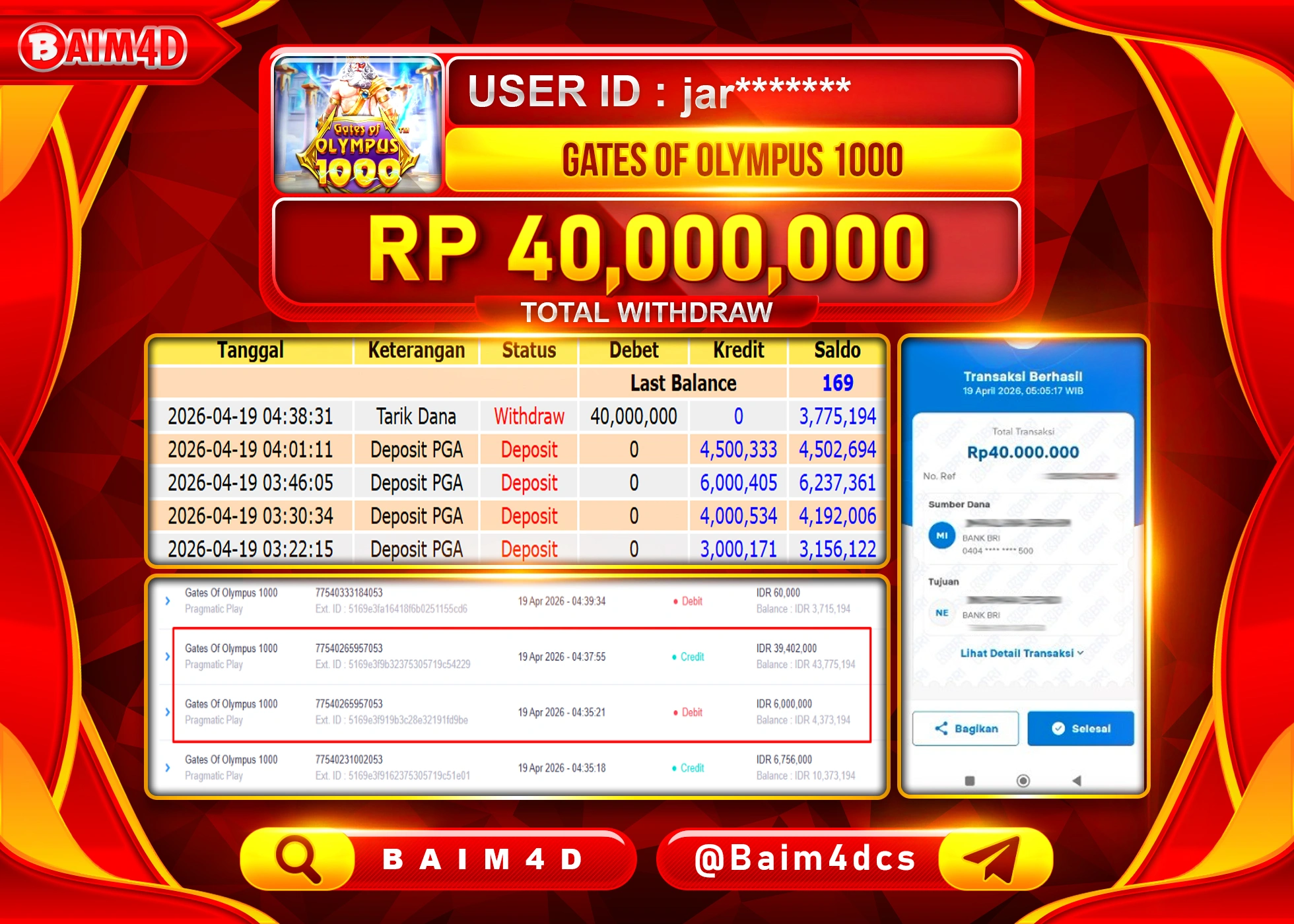 BAIM4D JACKPOT SLOT GATES OF OLYUMPUS 1000 Rp.40,000,000 - LUNAS