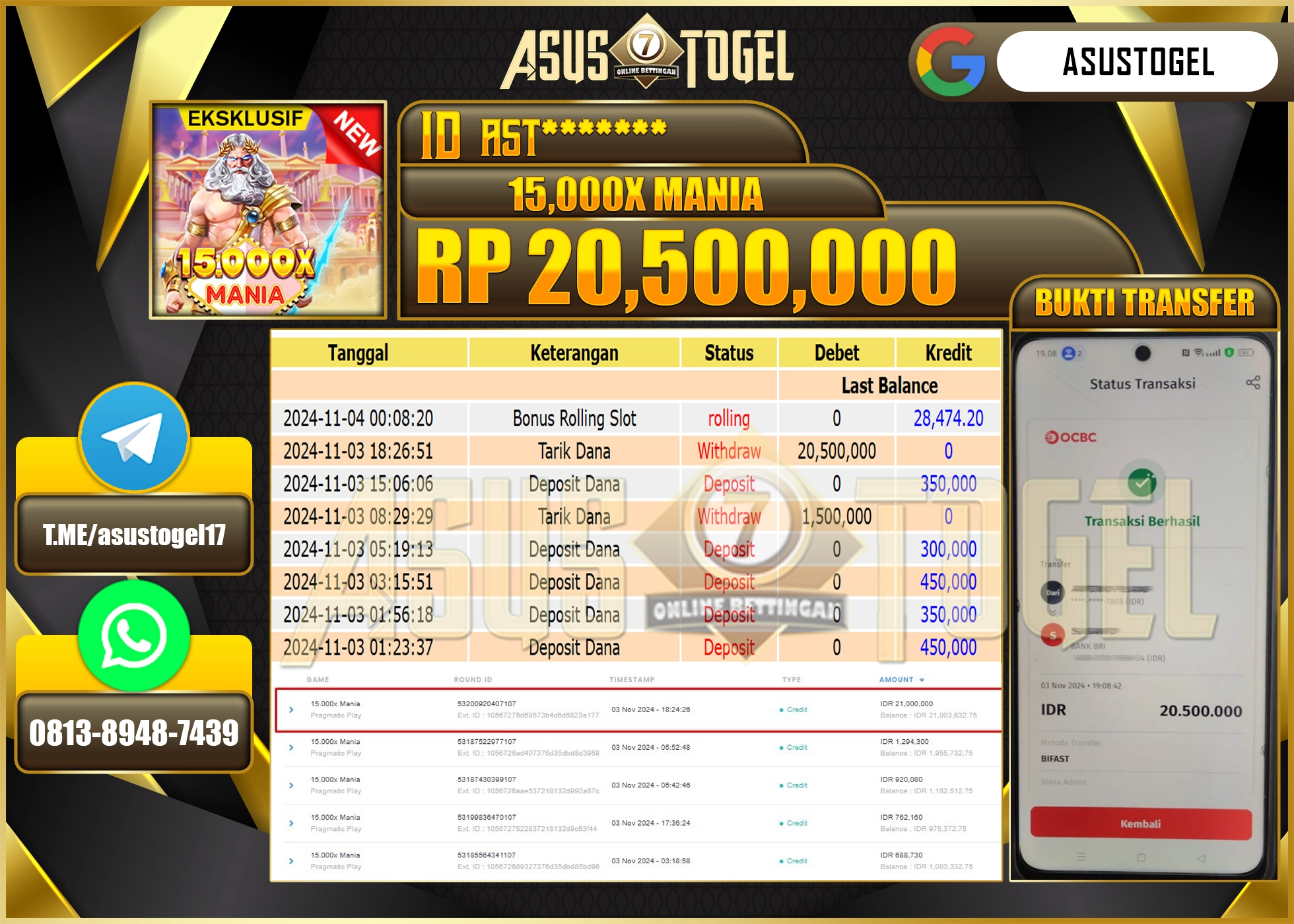 ASUSTOGEL KEMENANGAN DI SLOT 15.000X MANIA SEBESAR 20,500,000-RUPIAH LUNAS