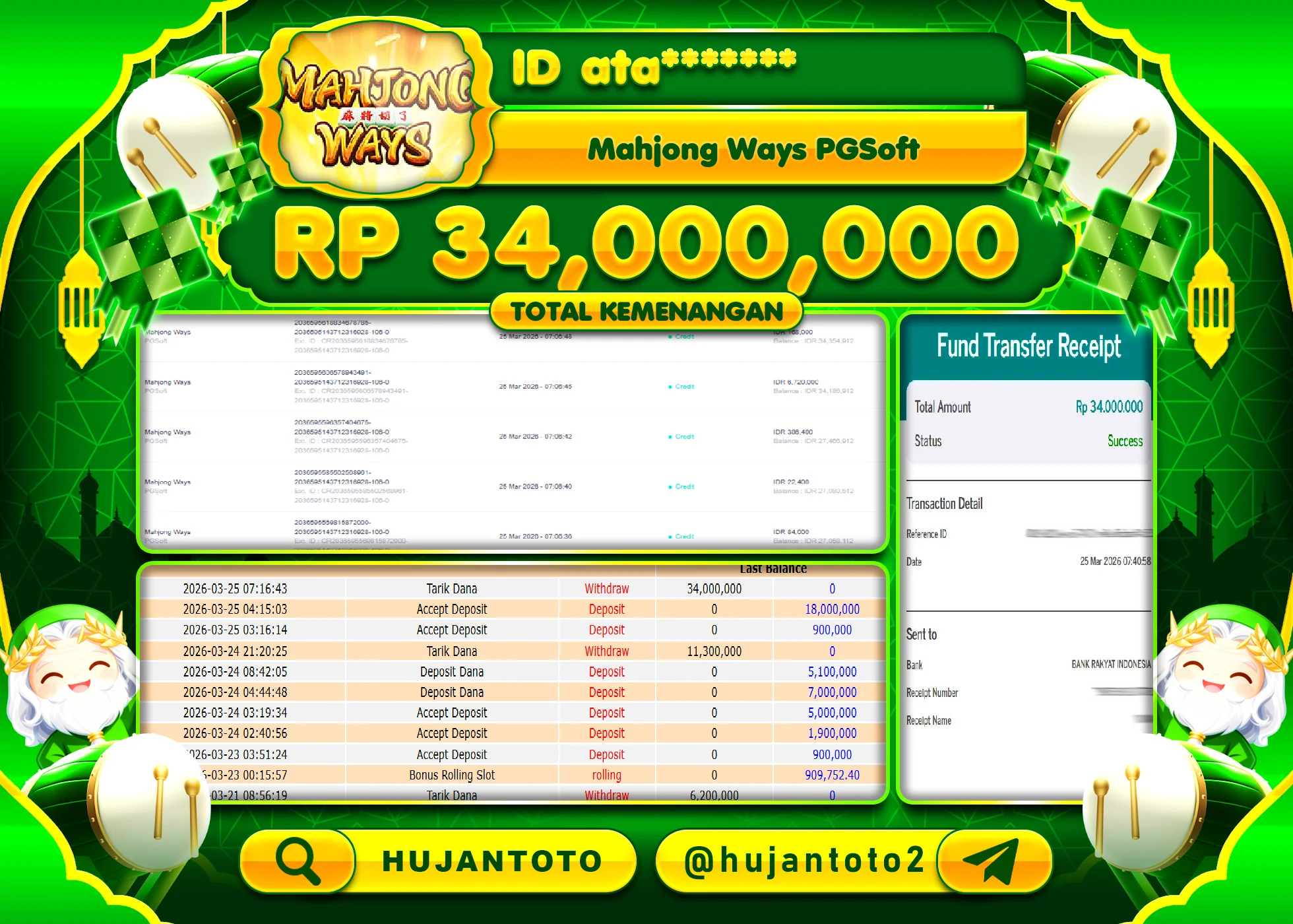 HUJANTOTO - BUKTI JACKPOT MENANG SLOT MAHJONG WAYS   Rp.34,000,000 - TERBAYAR LUNAS