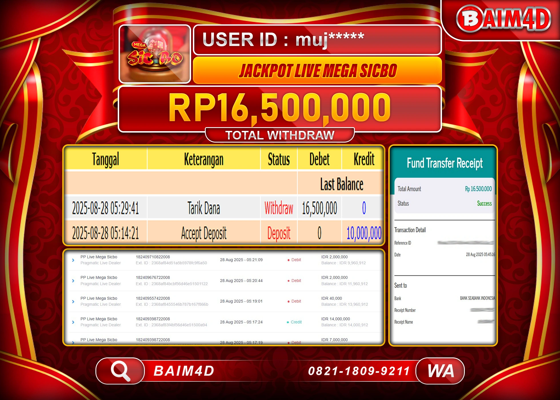 BAIM4D JACKTPOTLIVE GAMES MEGA SICBO Rp.16,500,000.- LUNAS