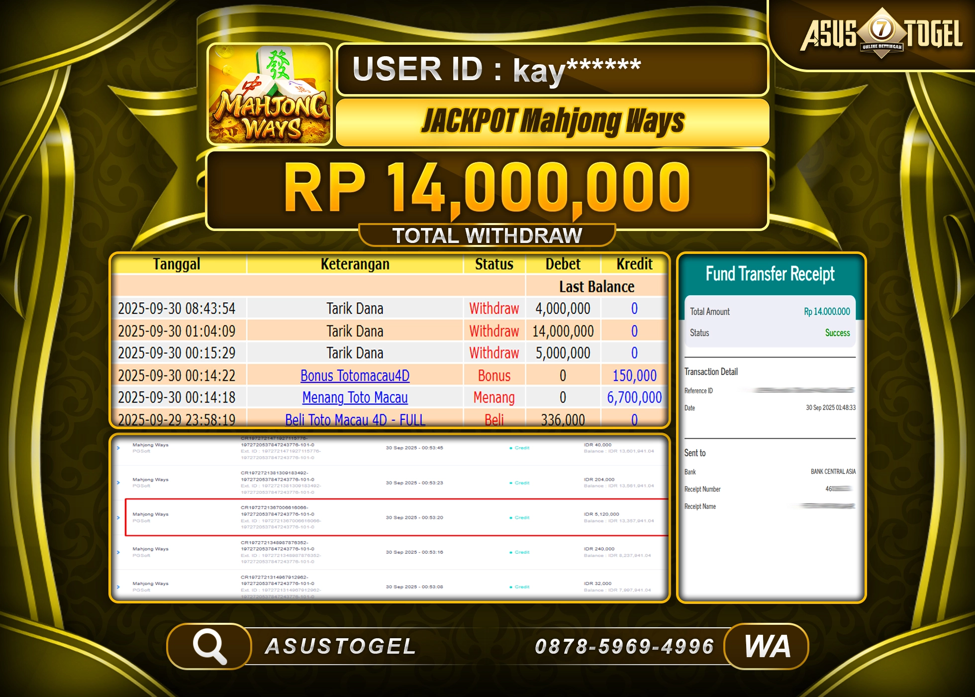 ASUSTOGEL KEMENANGAN DI SLOT MAHJONG WAYS SEBESAR 14,000,000- RUPIAH LUNAS
