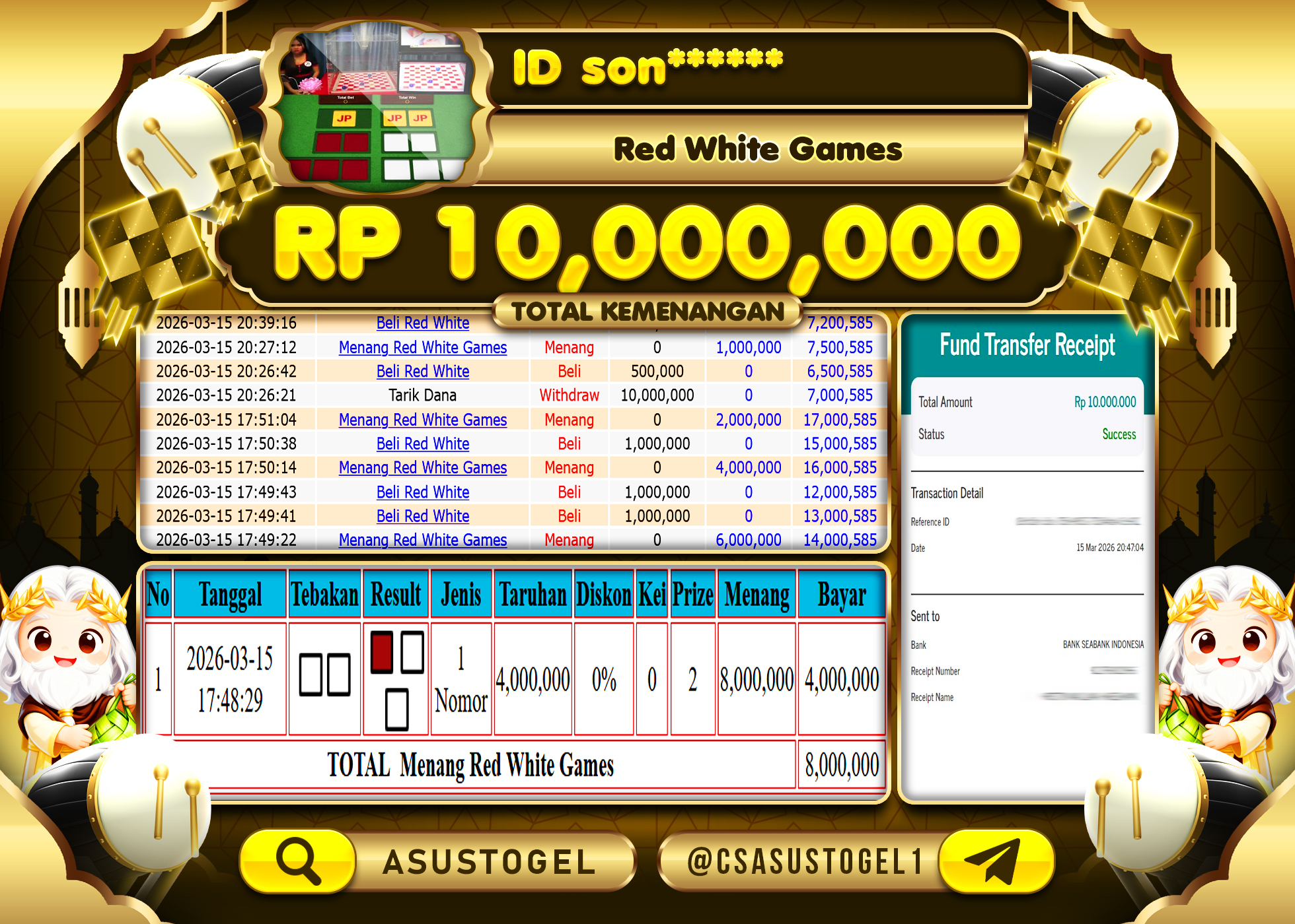 ASUSTOGEL KEMENANGAN DI RED WHITE GAMES IDN LIVE GAMES  10,000,000 - RUPIAH LUNAS