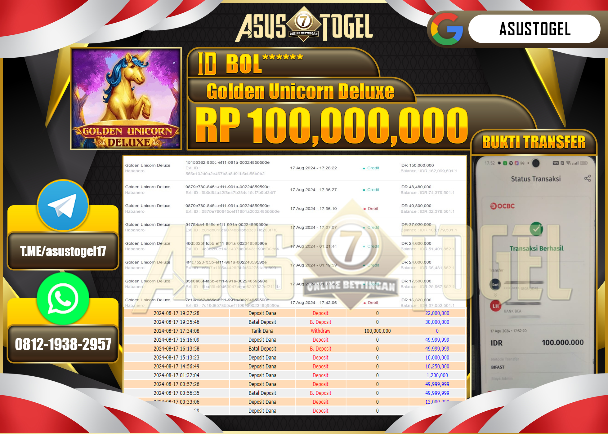 ASUSTOGEL KEMENANGAN DI GOLDEN UNICORN DELUXE  SEBESAR 100,000,000- RUPIAH LUNAS