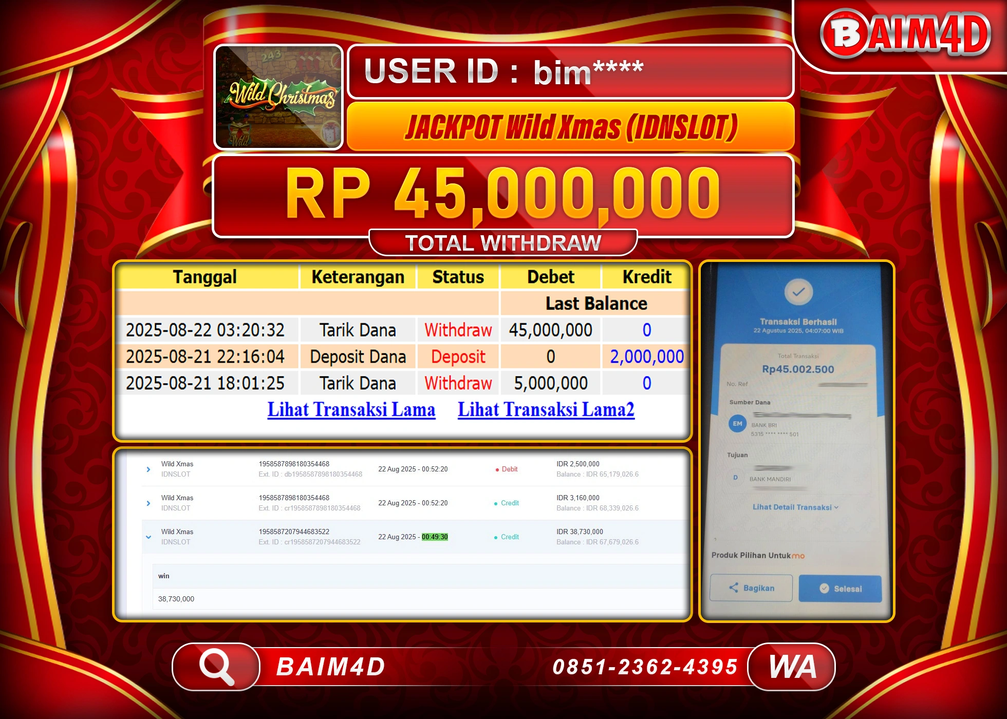 BAIM4D JACKPOT MENANG SLOT WILD XMAS Rp.45.000,000.- LUNAS