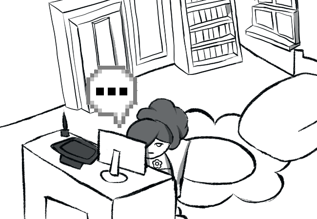 A woman with her hair tyed back sitting at the computer, receiving a notification.
