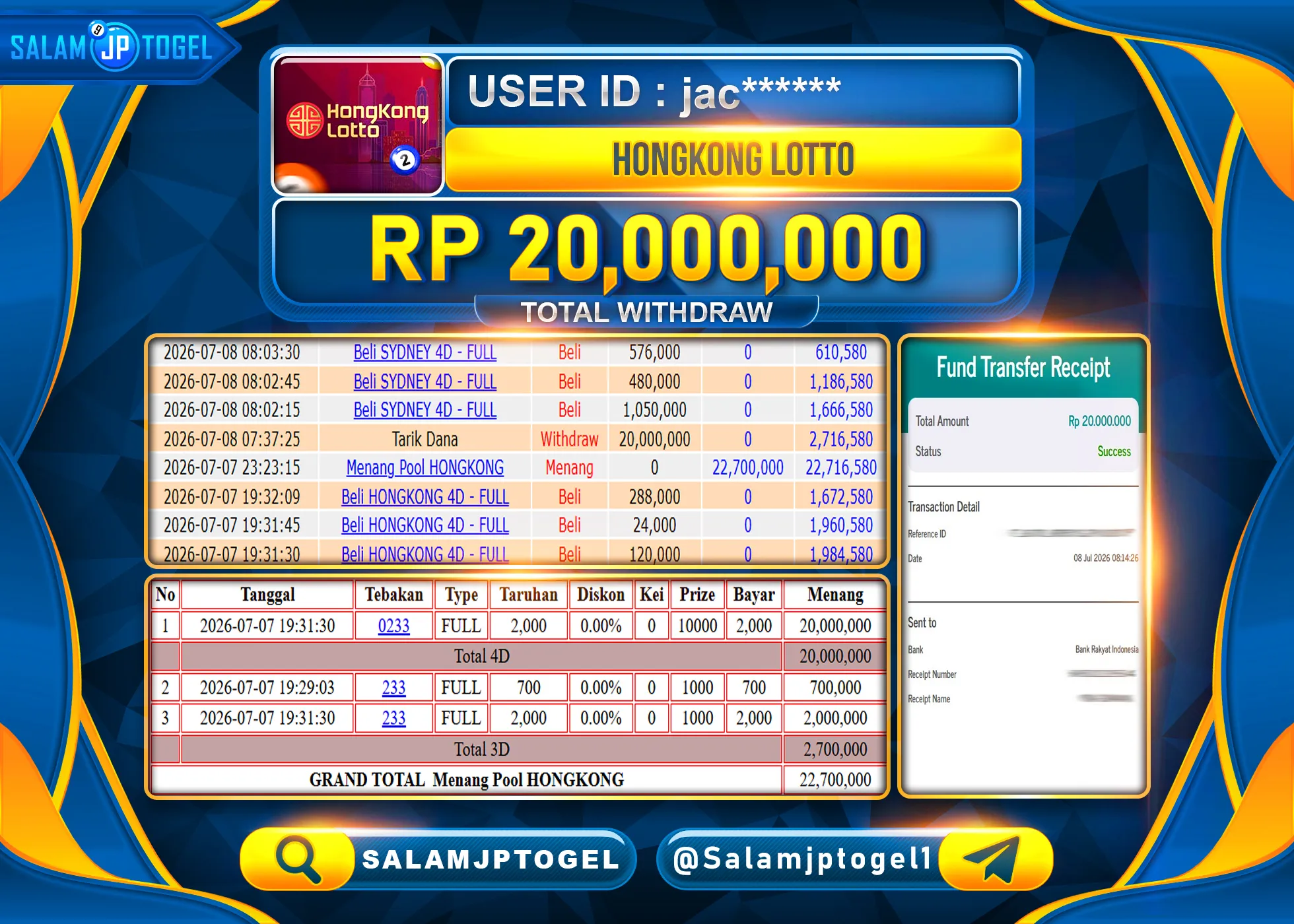 SALAMJPTOGEL JACKPOT MENANG TOGEL GACOR HONGKONG LOTTO Rp.20,000,000 - LUNAS