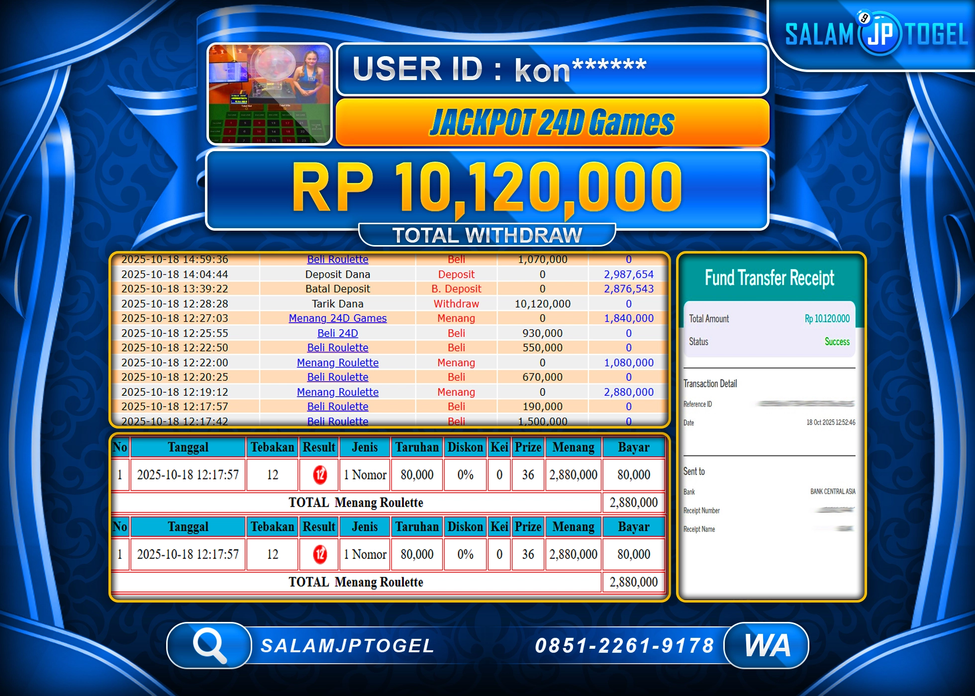 SALAMJPTOGEL MENANG JACKPOT GAME 24D SPIN LIVE GAME Rp.10,120,000  - LUNAS