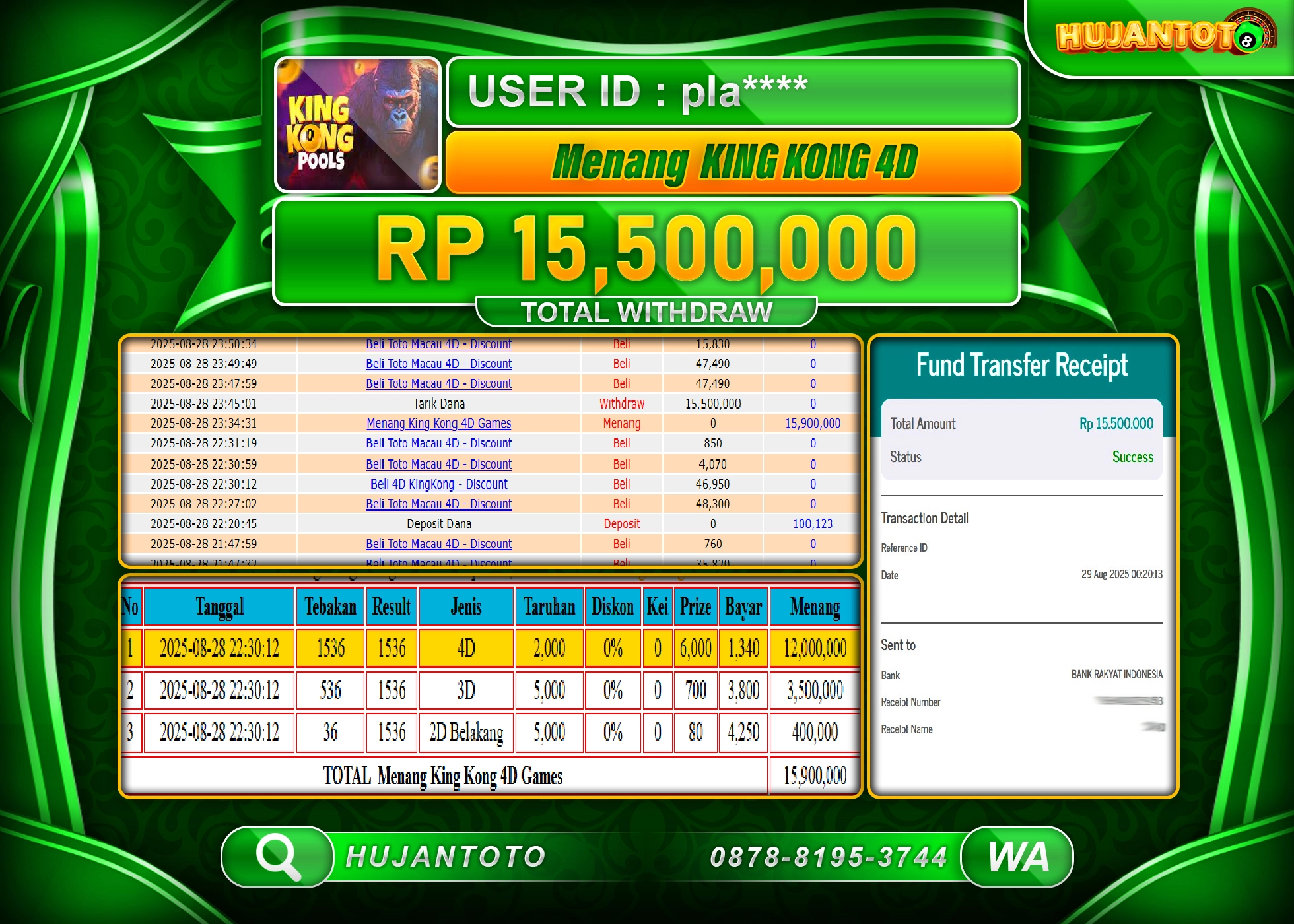 HUJANTOTO - BUKTI JACKPOT MENANG DI TOGEL KING KONG 4D SEBESAR  Rp.15,500,000 - TERBAYAR LUNAS