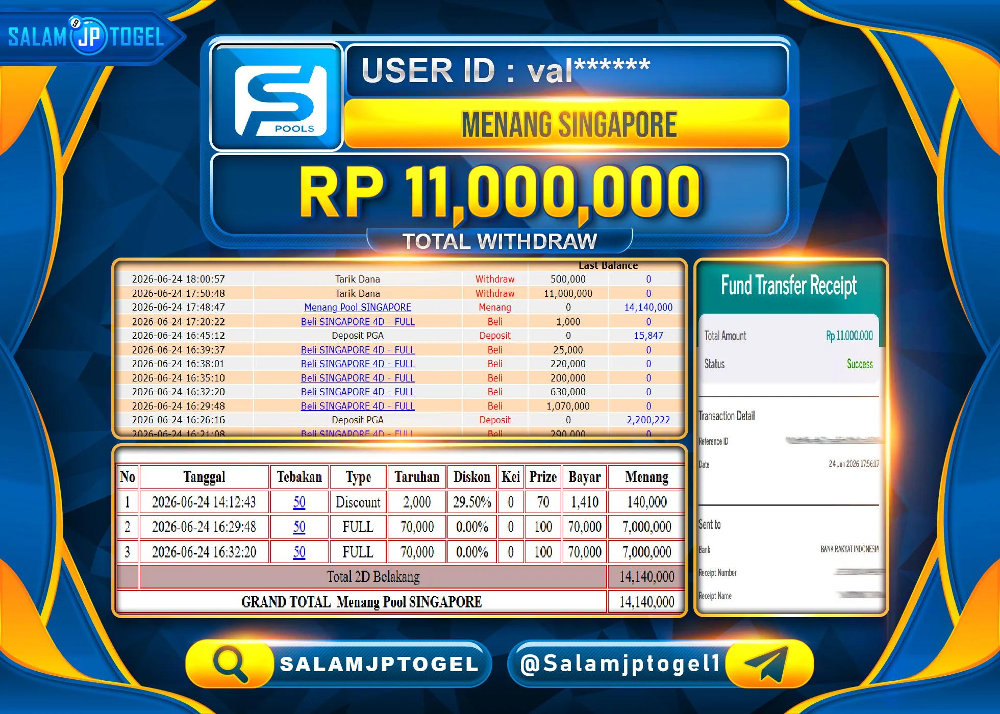 SALAMJPTOGEL MENANG JACKPOT GACOR TOGEL SINGAPORE POOLS Rp.11,000,000- LUNAS