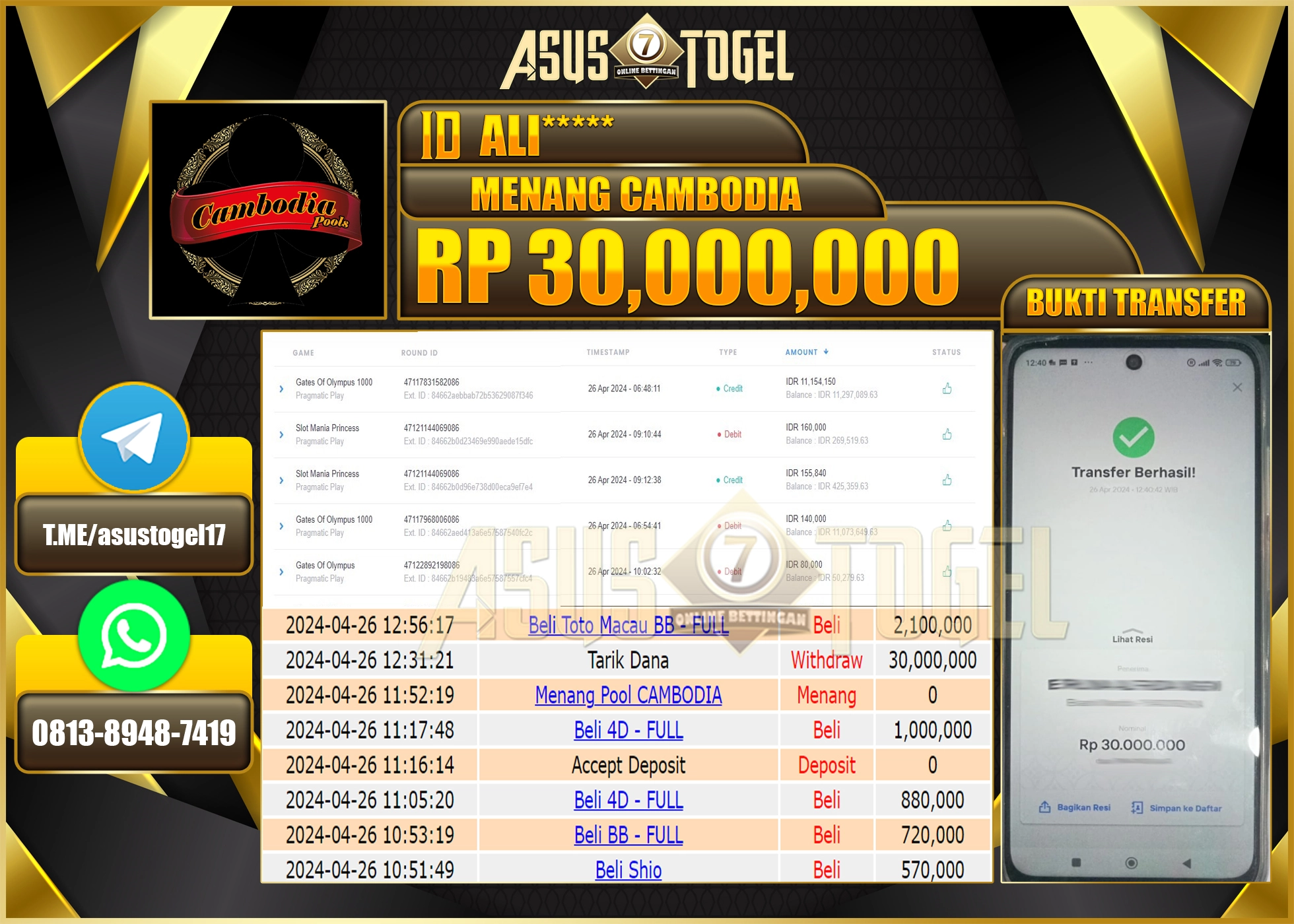 ASUSTOGEL MENANG PASARAN CAMBODIA 30..000.000- LUNAS