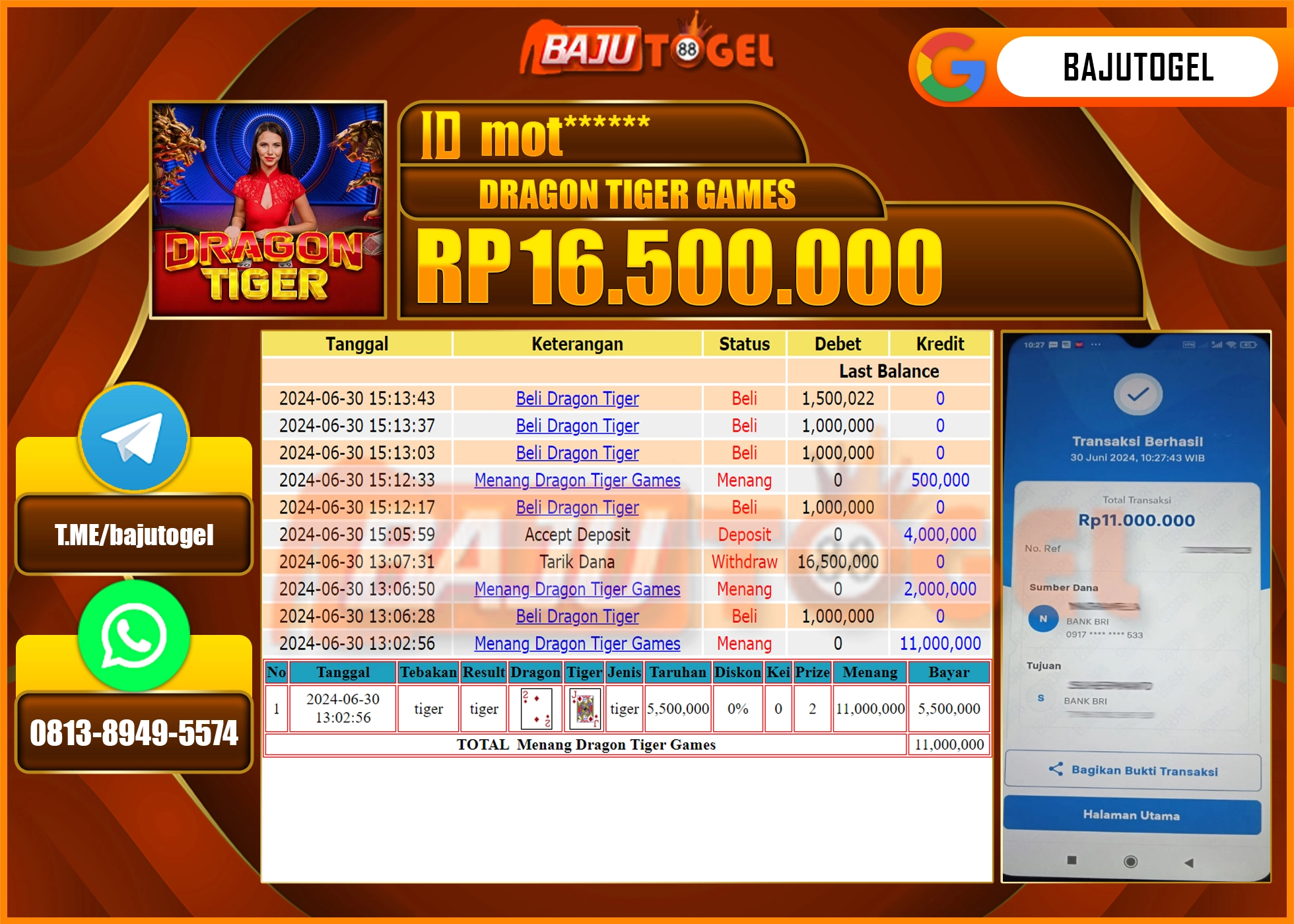 BAJUTOGEL JACKPOT DRAGON TIGER GAMES Rp.16.500.000 LUNAS