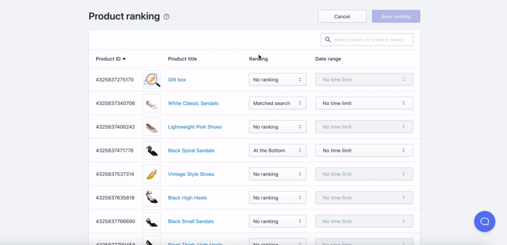To see the already configured product with ranking, click on Ranking to sort in the following order and vice versa.