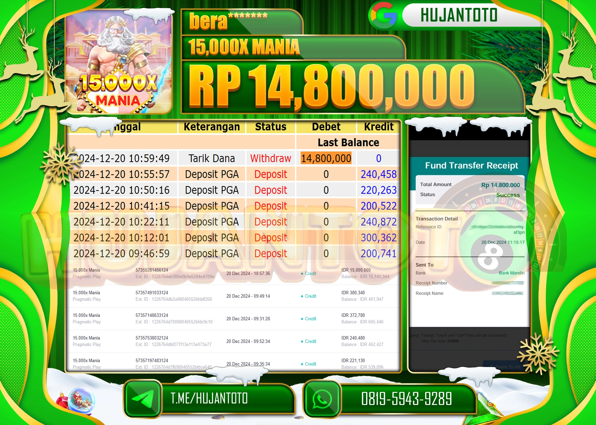 HUJANTOTO SELAMAT ATAS KEMENANGAN YANG DI RAIH DI PERMAINAN SLOT 15,000 X MANIA SEBESAR - 14,800,000 - TERBAYAR LUNAS