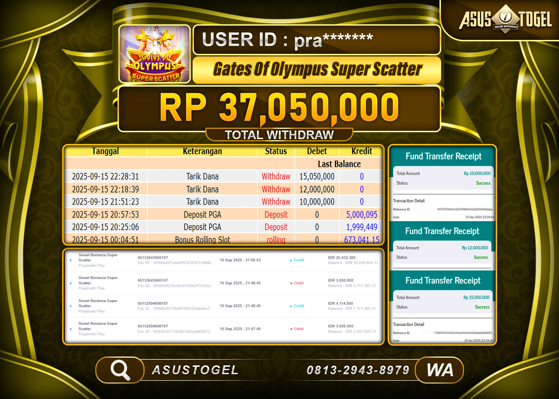 ASUSTOGEL KEMENANGAN DI SLOT GATES OF OLYMPUS SUPER SCATTER SEBESAR 37,050,000- RUPIAH LUNAS