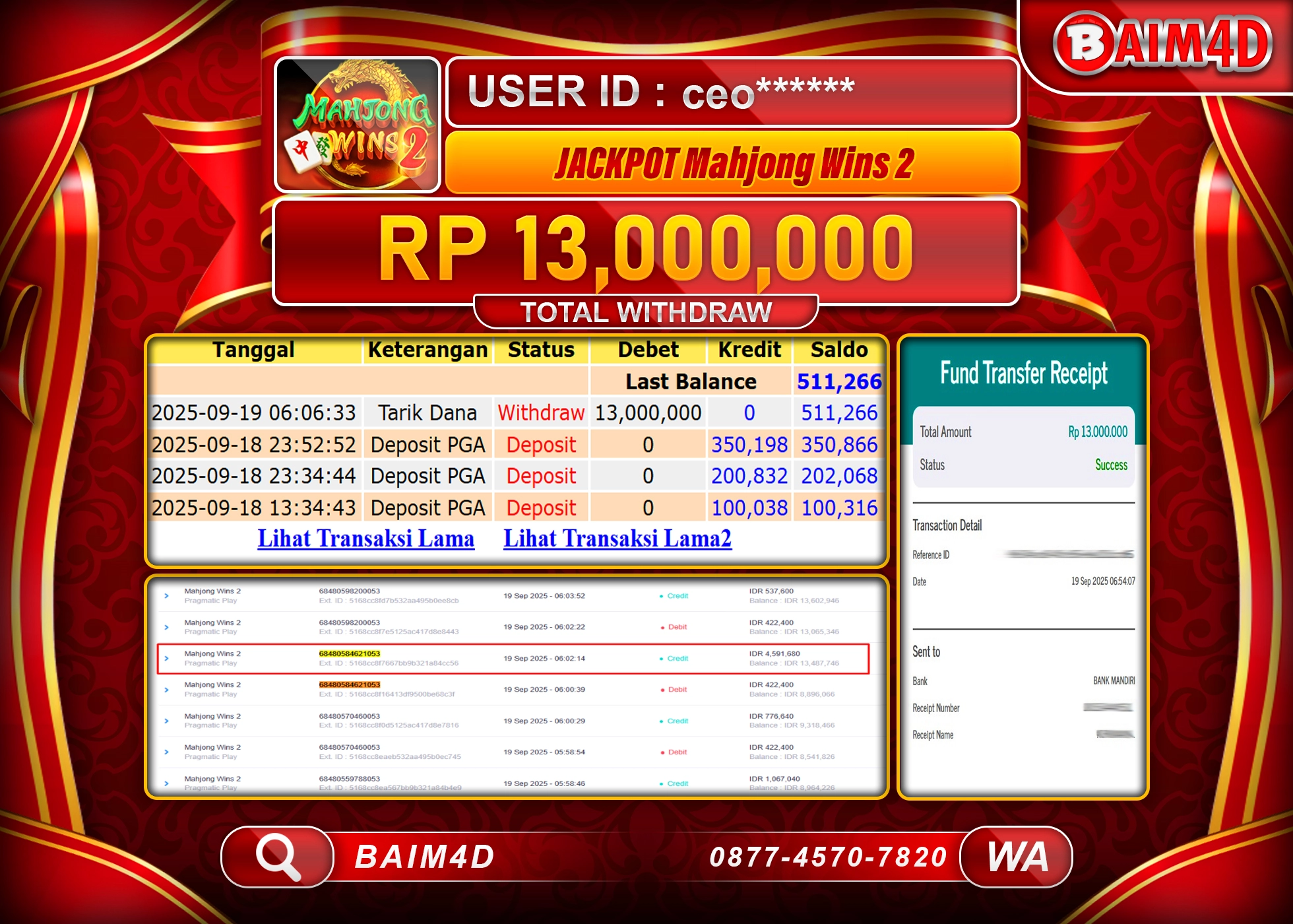 BAIM4D JACKPOT SLOT MAHJONG WINS 2 Rp.13,000,000.- LUNAS