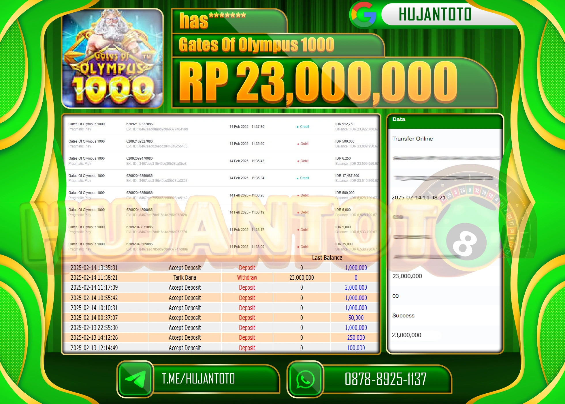 HUJANTOTO - BUKTI JACKPOT MENANG SLOT GATES OF OLYMPUS 1000 Rp,23.000,000 - TERBAYAR LUNAS