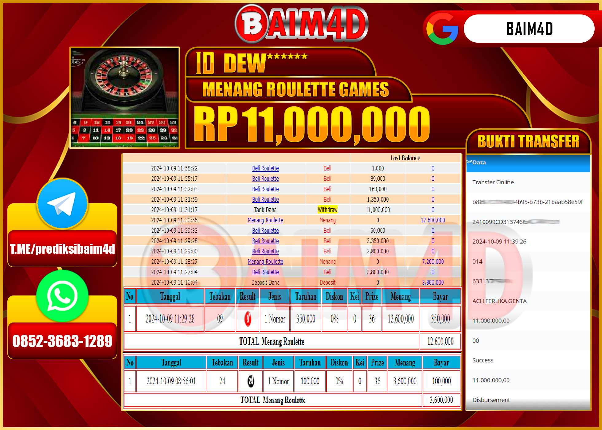 BAIM4D JACKPOT PERMAINAN Roulette Rp.11,000,000.- LUNAS