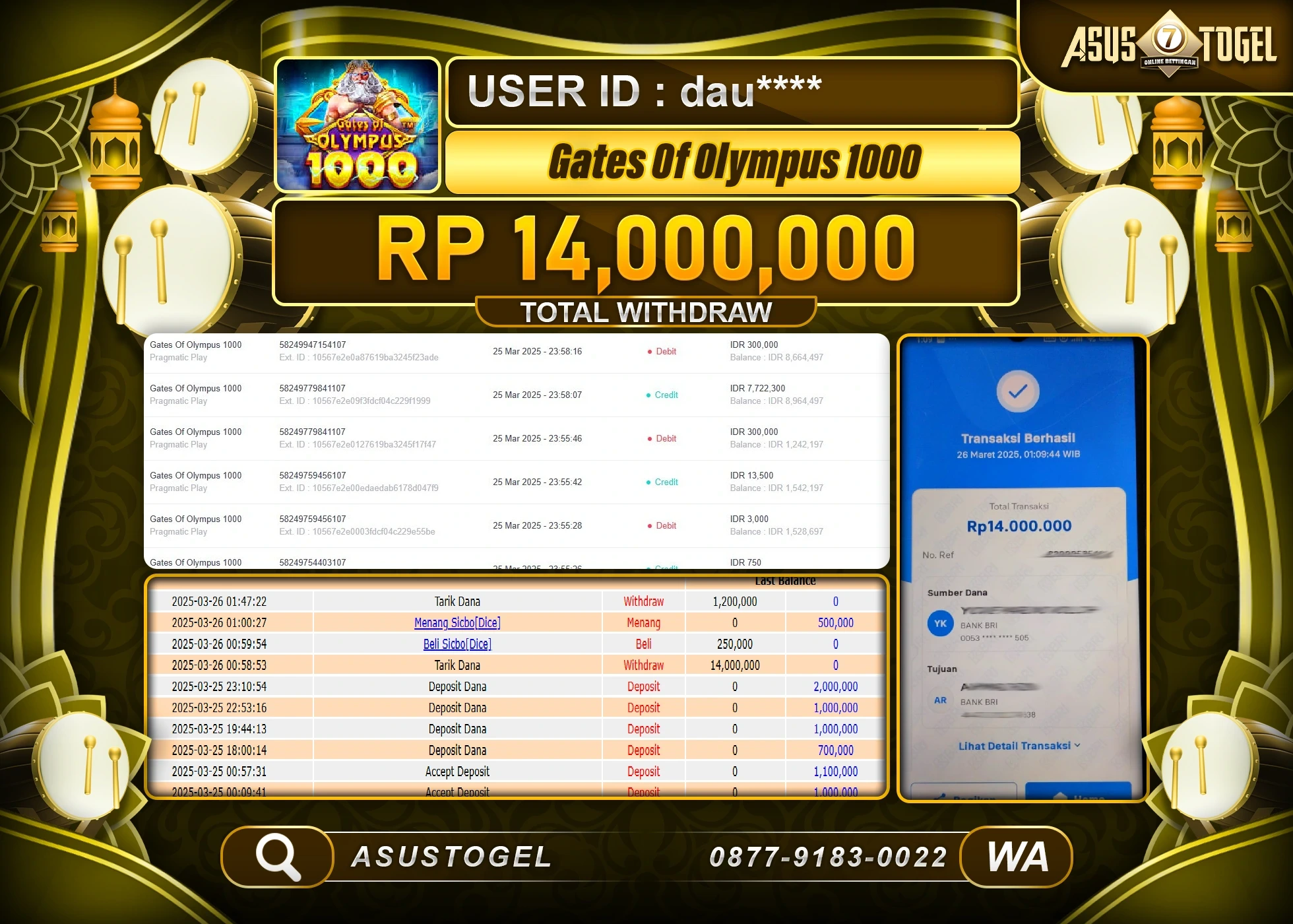 ASUSTOGEL KEMENANGAN DI SLOT GATES OF OLYMPUS 1000 14,000,000- RUPIAH LUNAS