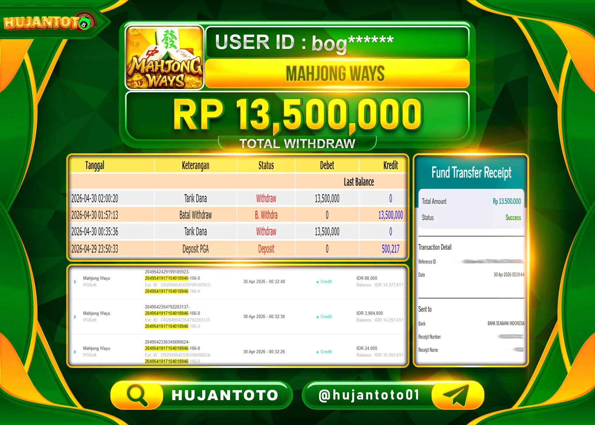 HUJANTOTO - BUKTI JACKPOT MENANG SLOT MAHJONG WAYS Rp.13,500,000 - TERBAYAR LUNAS