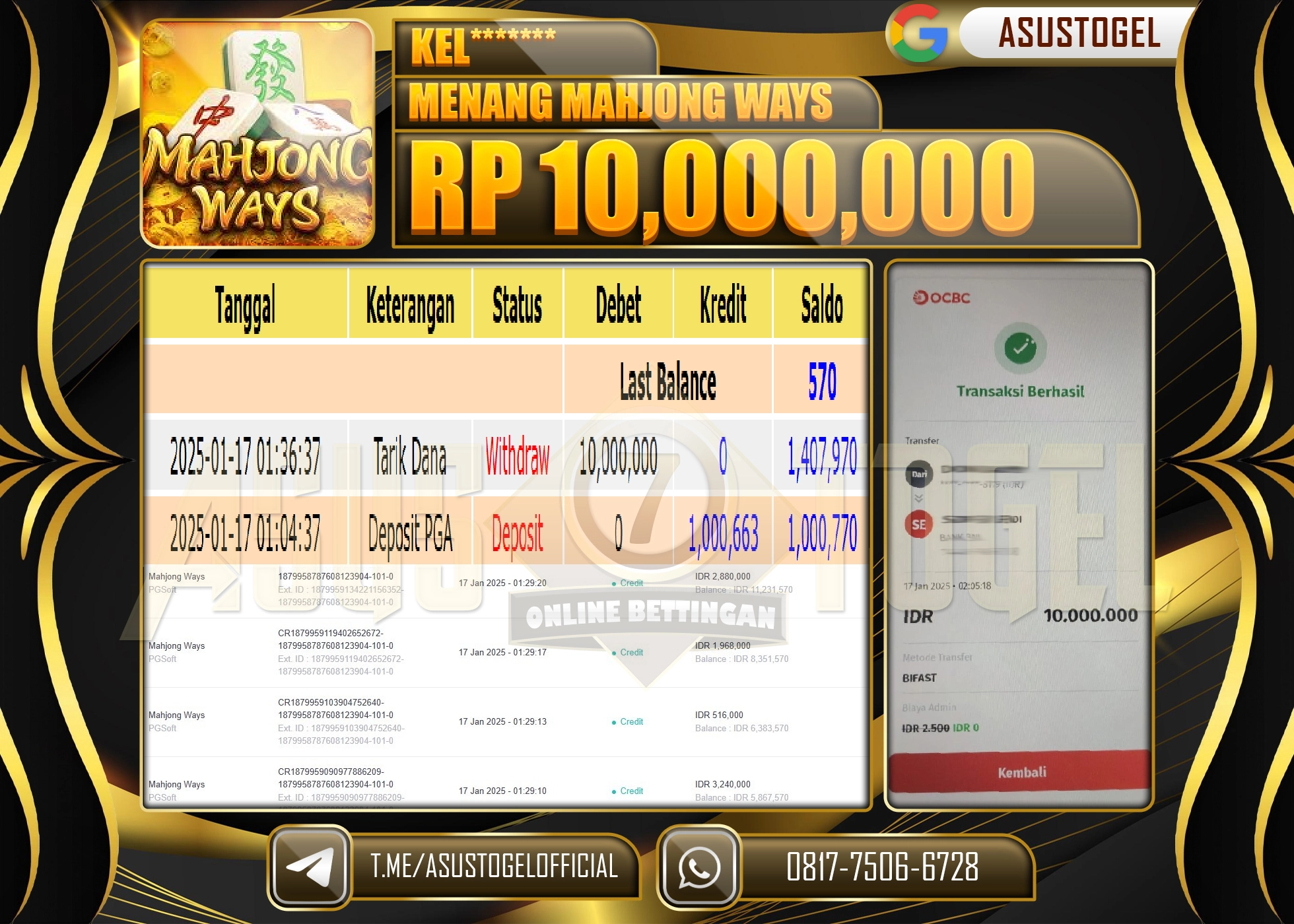 ASUSTOGEL KEMENANGAN DI SLOT MAHJONG WAYS SEBESAR 10.000.000 - RUPIAH LUNAS