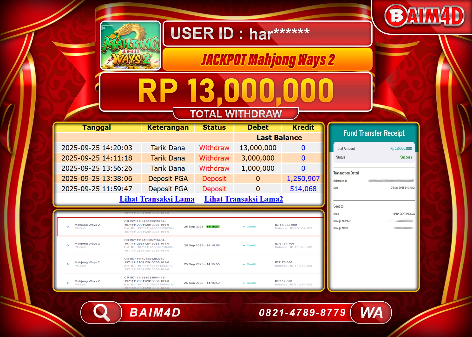BAIM4D JACKPOT SLOT MAHJONG WAYS 2 PG SOFT Rp.13,000,000.- LUNAS