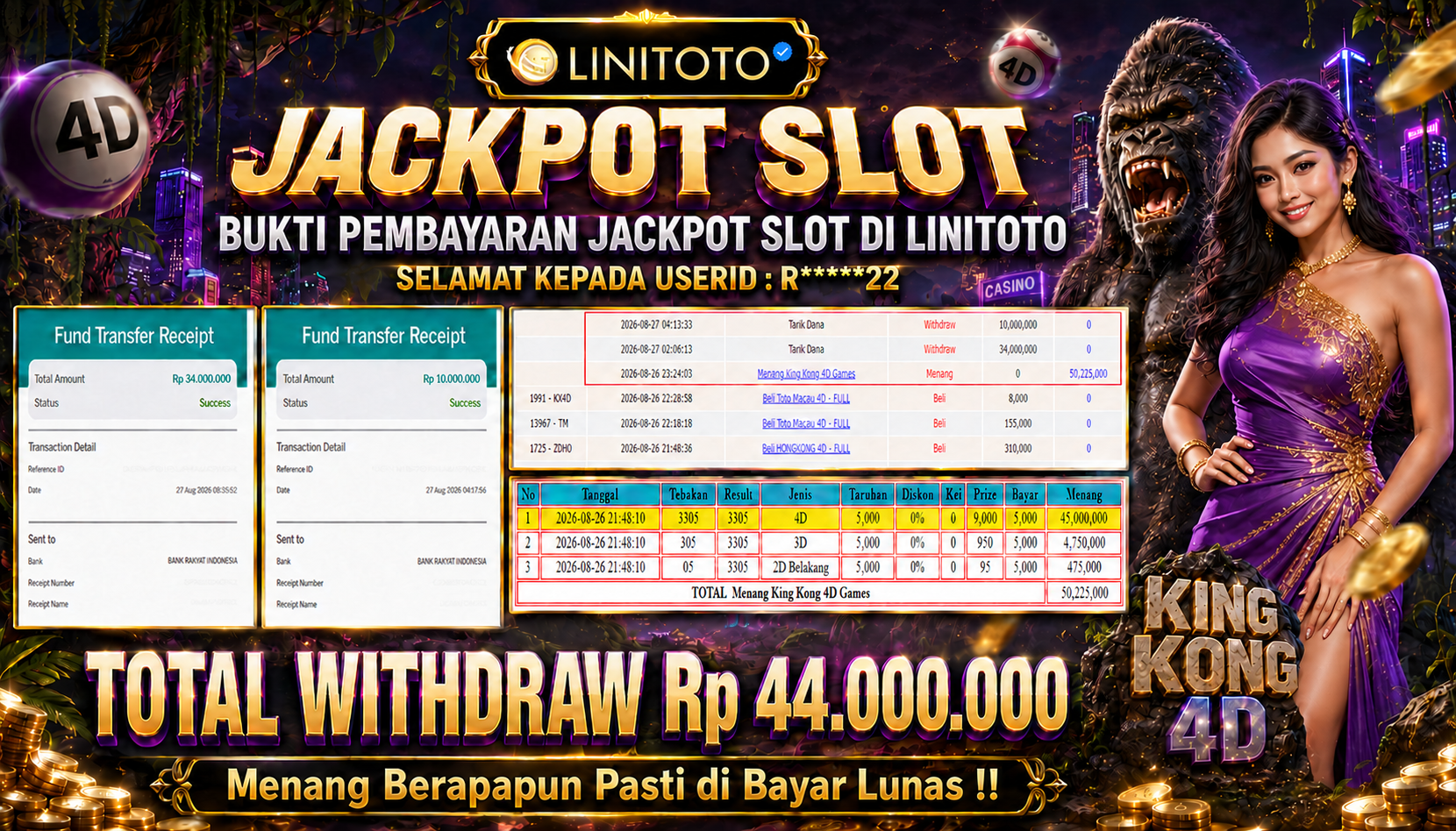 LINITOTO JACKPOT TOGEL King Kong 4D Rp.44,000,000 - LUNAS