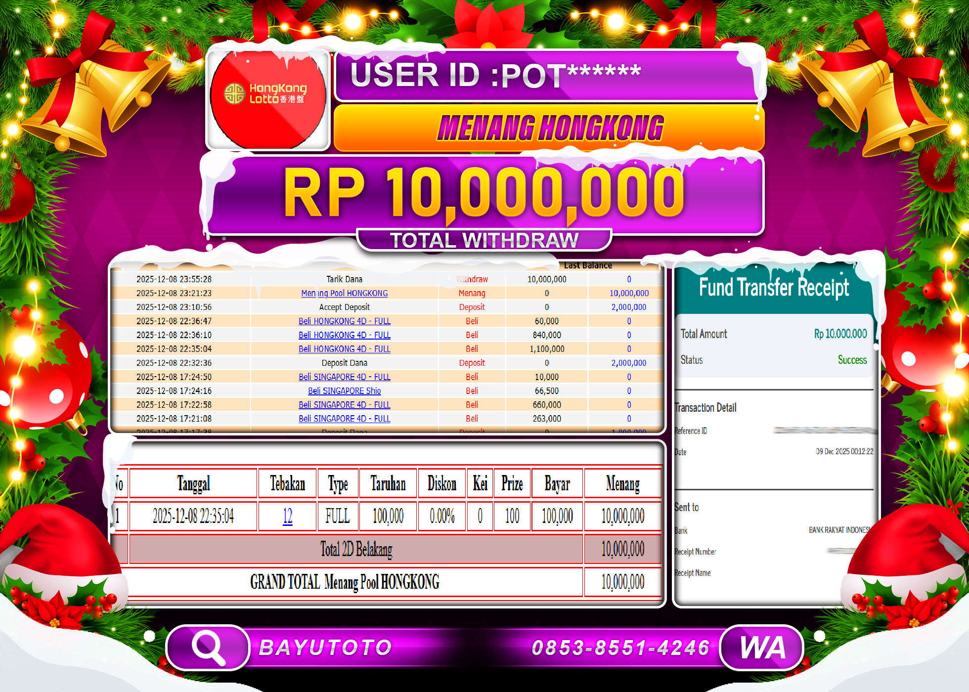 SELAMAT MEMBER SETIA BAYUTOTO JACKPOT DI TOGEL HONGKONG LOTTO Rp. 10,000,000 LUNAS