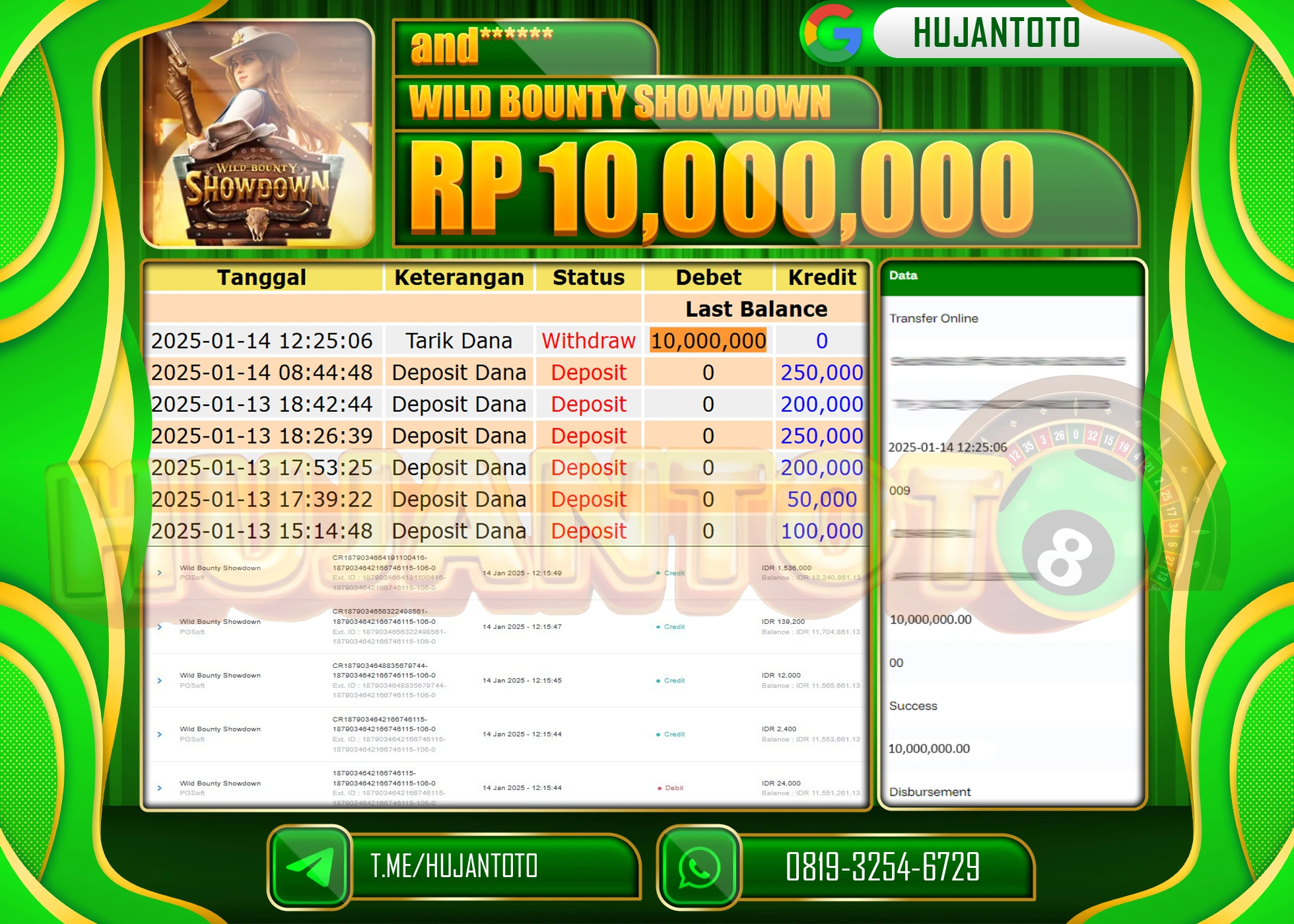 HUJANTOTO - BUKTI JACKPOT DI PERMAINAN  SLOT WILD BOUNTY SHOWDOWN Rp. 10,000,000 - TERBAYAR LUNAS