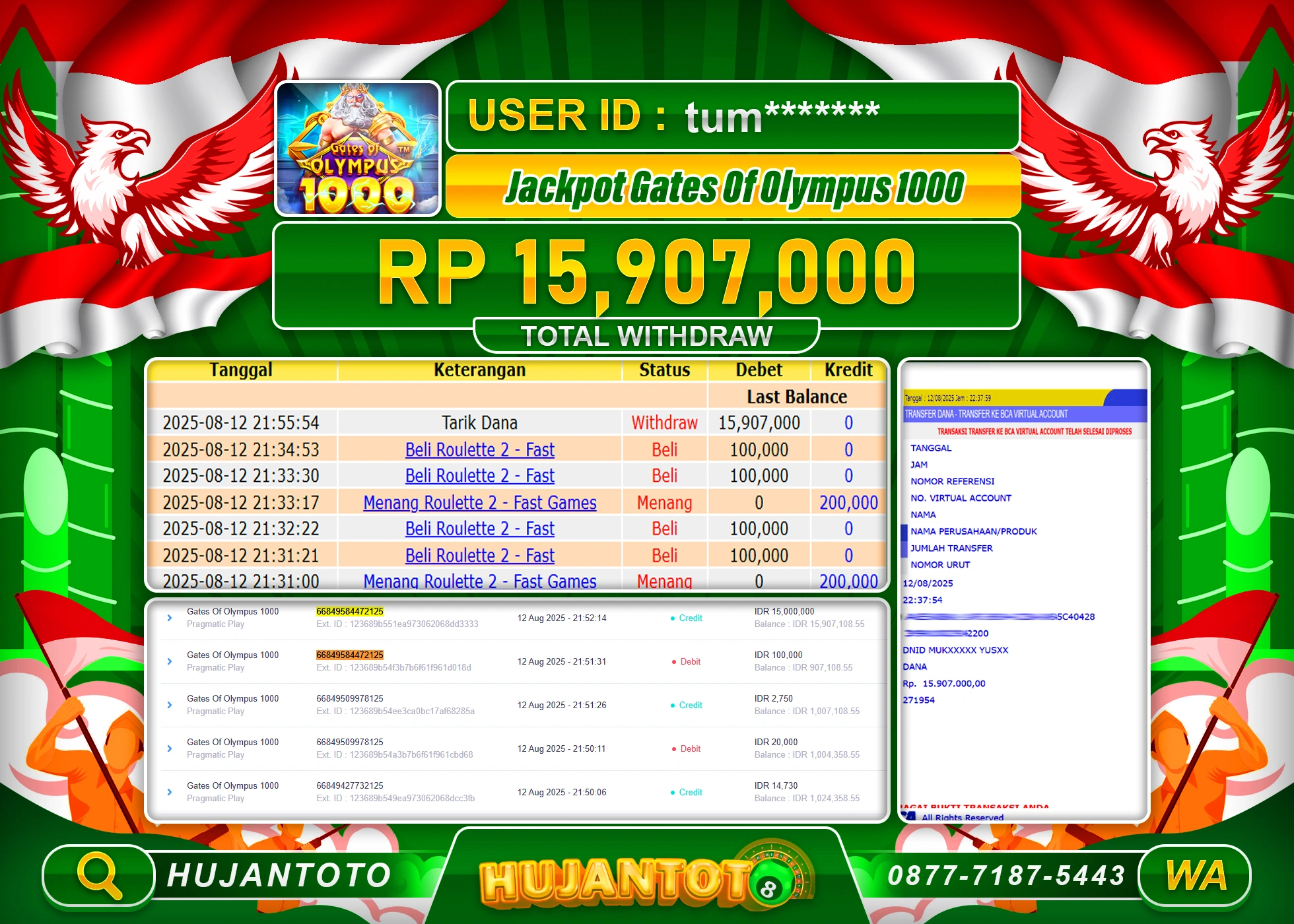 HUJANTOTO - BUKTI JACKPOT MENANG SLOT GATES OF OLYMPUS 1000 Rp.15,907,000 - TERBAYAR LUNAS
