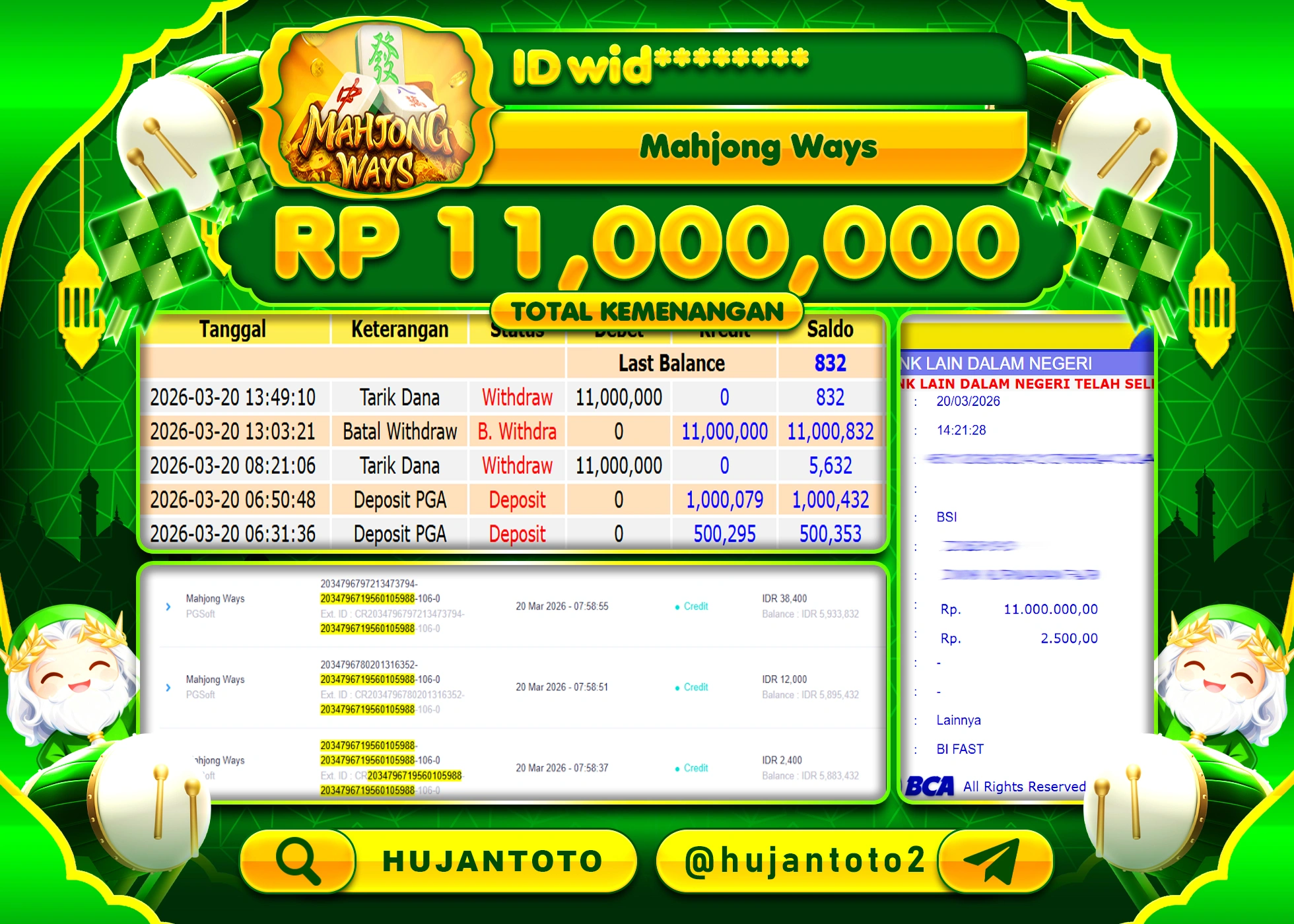 HUJANTOTO - BUKTI JACKPOT MENANG SLOT MAHJONG WAYS   Rp.11,000,000 - TERBAYAR LUNAS