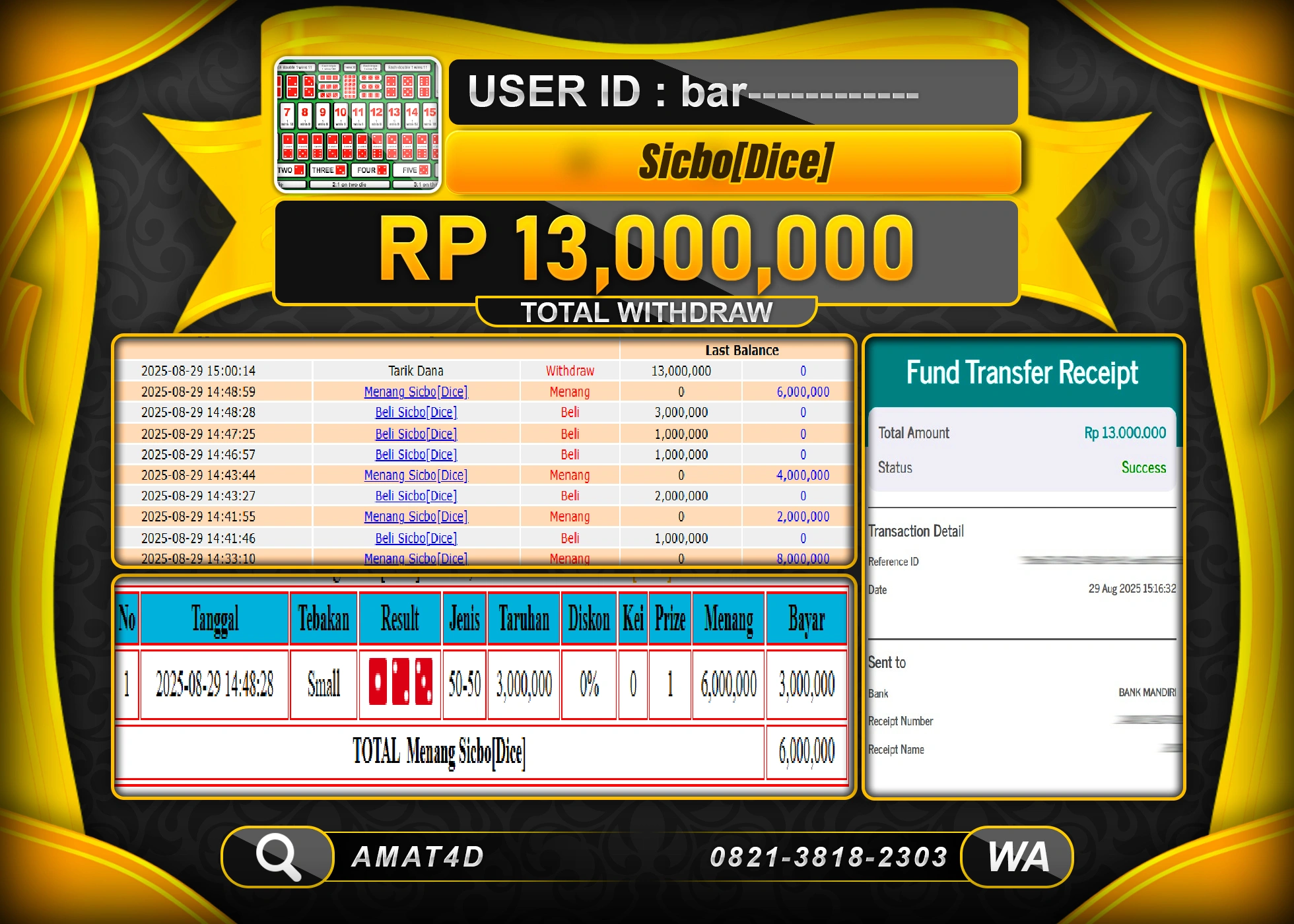 AMAT4D KEMENANGAN  DI LIVE GAME SICBO DICE Rp.13.000.000 BERHASIL TERBAYAR LUNAS