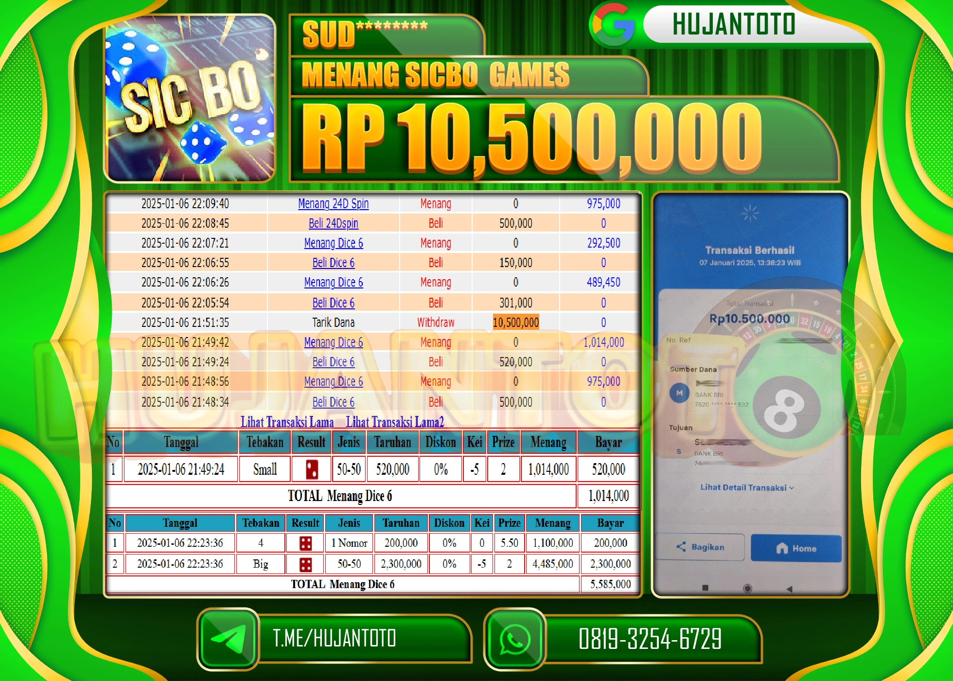 HUJANTOTO - BUKTI JACKPOT DI PERMAINAN LIVE SICBO GAMES Rp.10,500,000,- TERBAYAR LUNAS