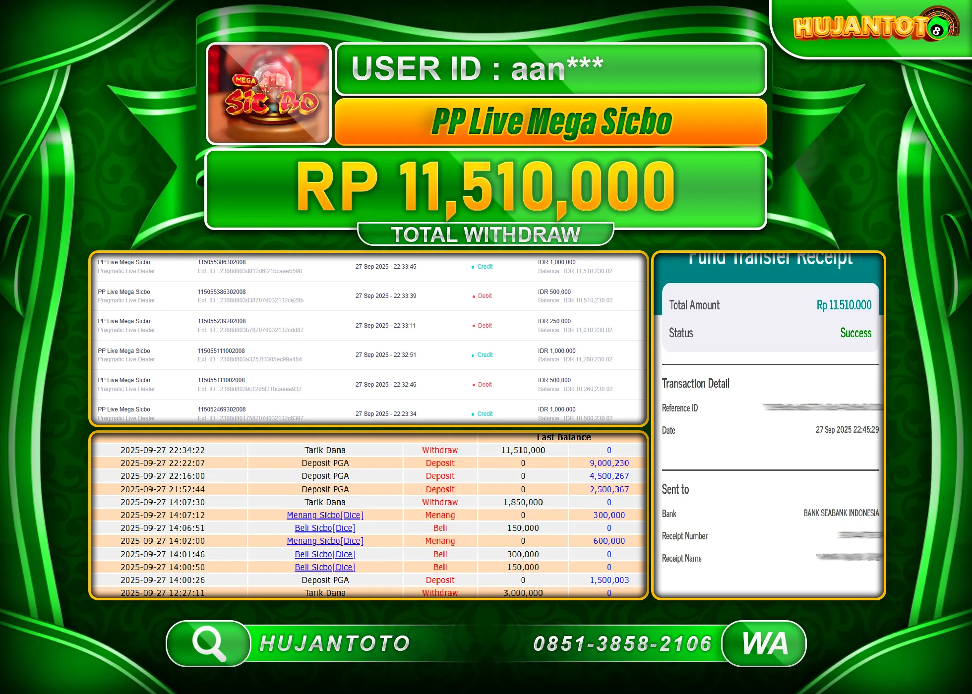 HUJANTOTO - BUKTI JACKPOT MENANG LIVE GAMES PP LIVE MEGA SICBO Rp.11,510,000 - TERBAYAR LUNAS