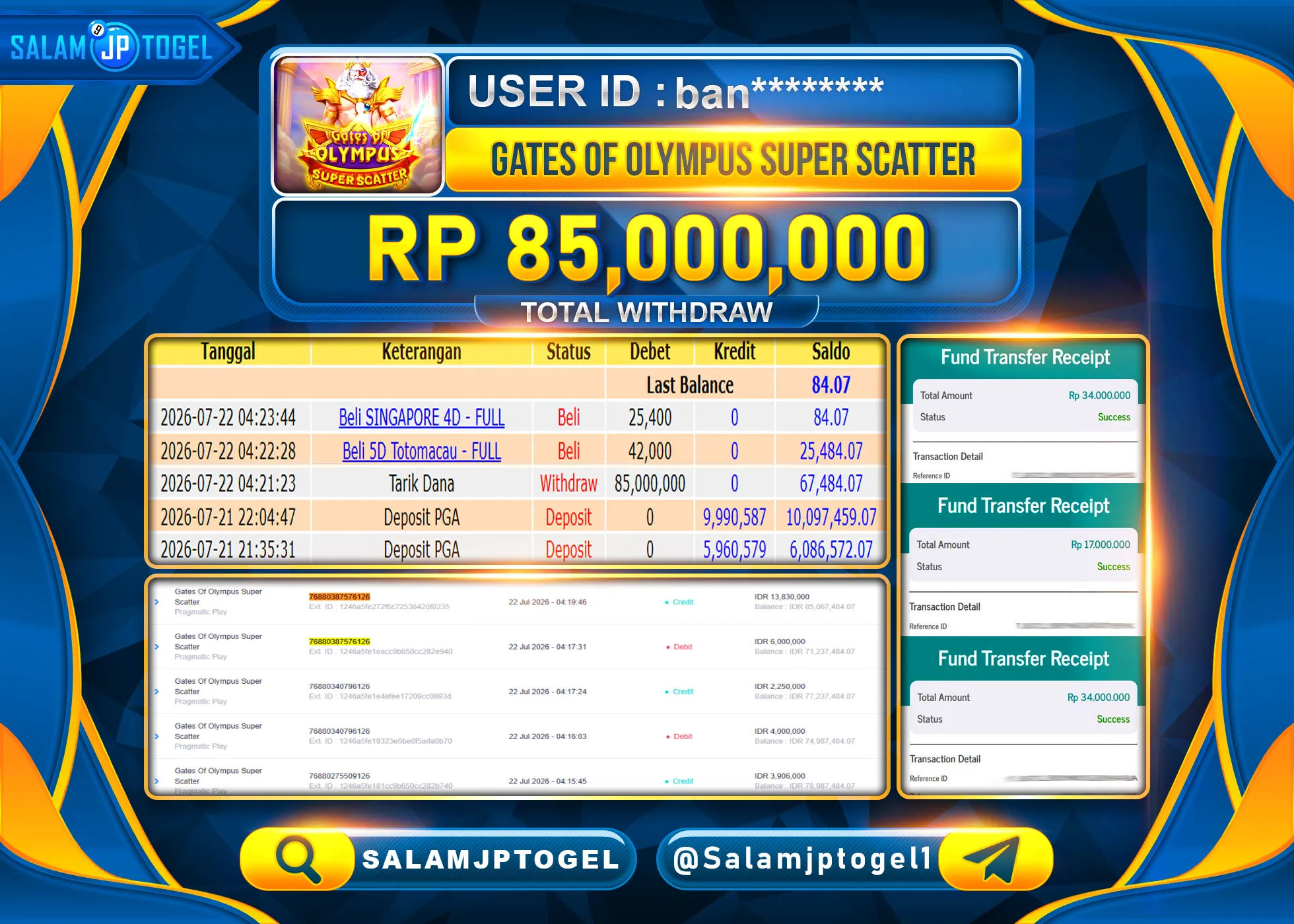 SALAMJPTOGEL JACKPOT MENANG GATES OF OLYMPUS SUPER SCATTER  Rp.85,000,000  - LUNAS