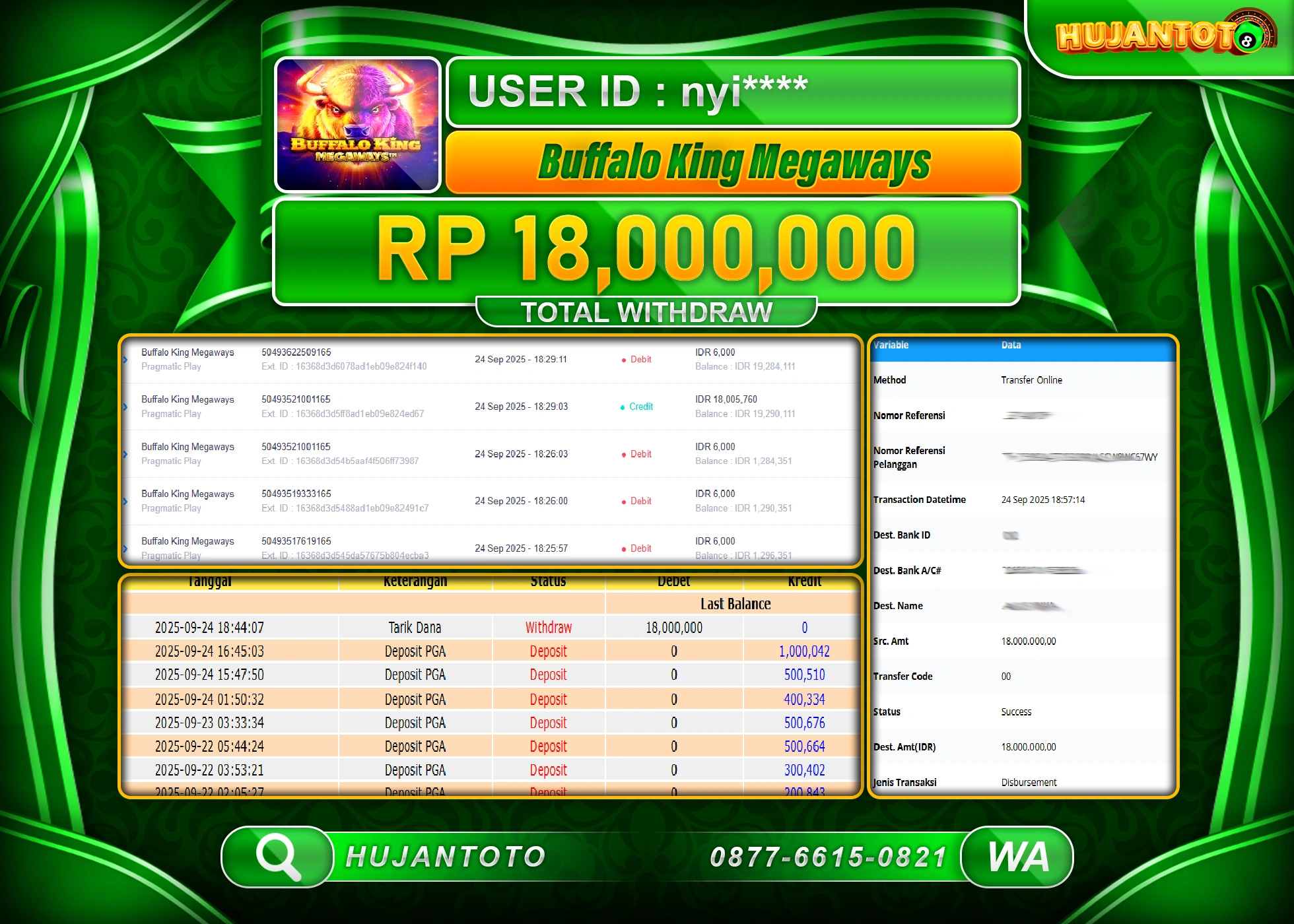 HUJANTOTO - BUKTI JACKPOT MENANG SLOT BUFFALO KING MEGAWAYS Rp.18,000,000 - TERBAYAR LUNAS