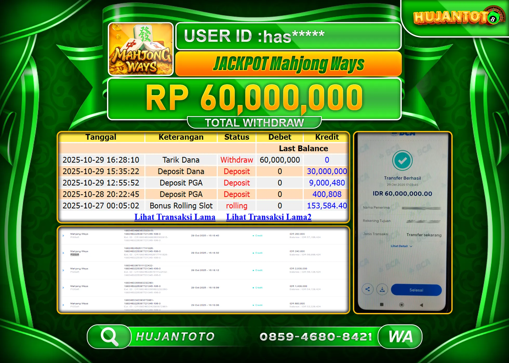 HUJANTOTO - BUKTI JACKPOT MENANG SLOT MAHJONG WAYS Rp.60,000,000 - TERBAYAR LUNAS