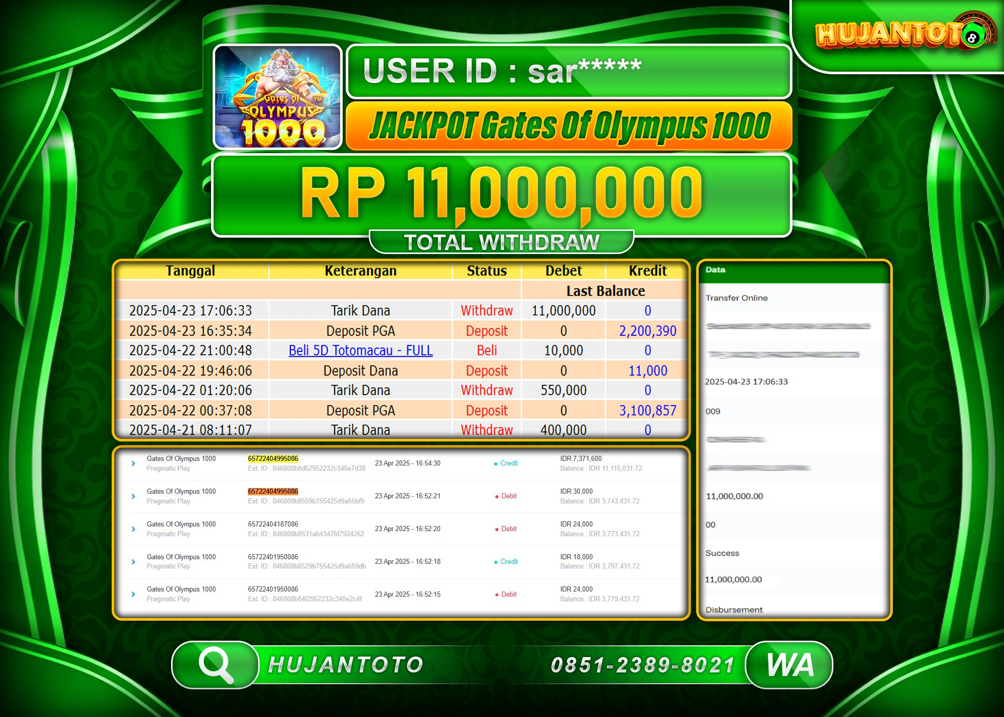 HUJANTOTO - BUKTI JACKPOT MENANG SLOT GATES OF OLYMPUS Rp,11,000,000 - TERBAYAR LUNAS