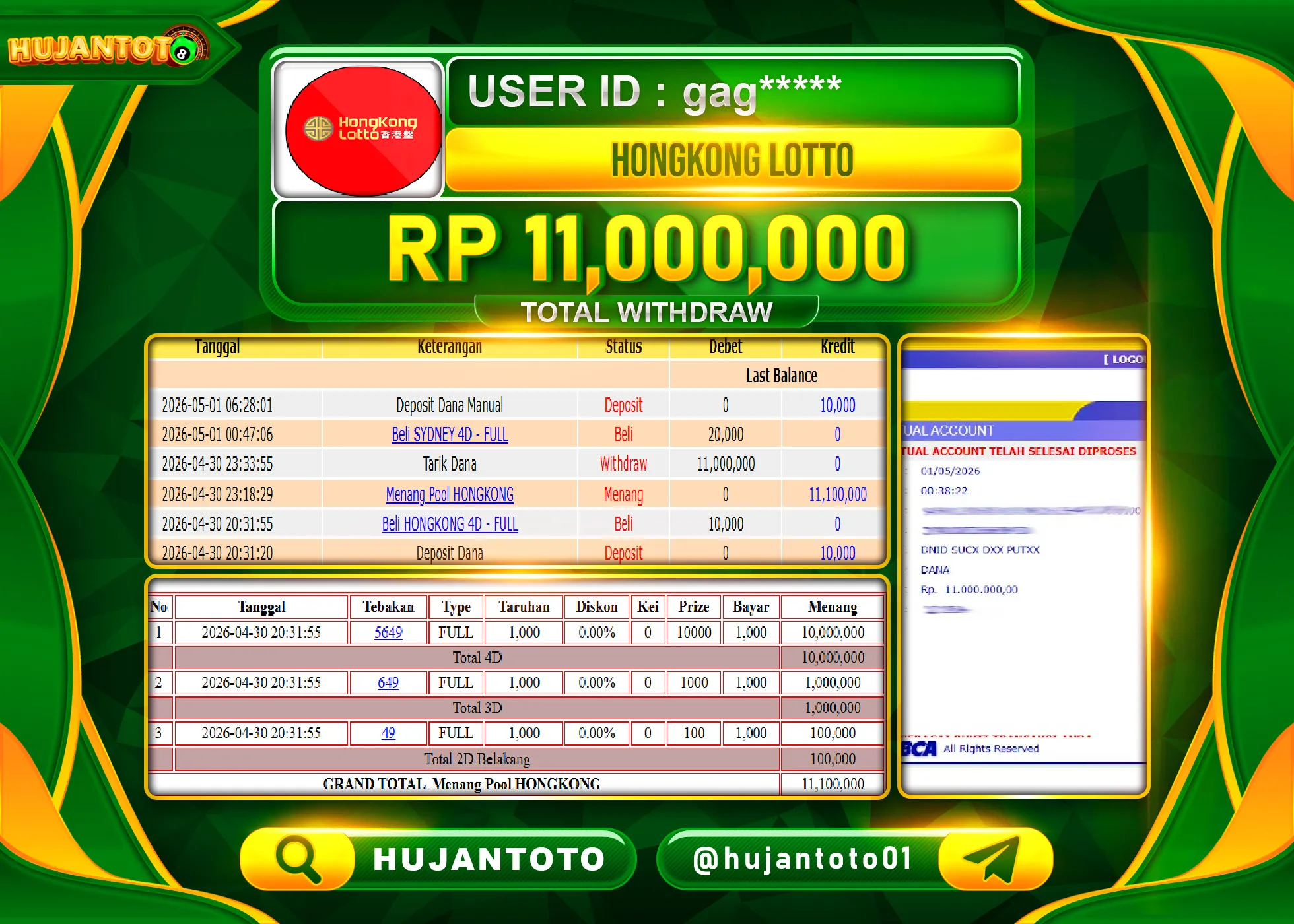 HUJANTOTO - BUKTI JACKPOT MENANG TOGEL HONGKONG LOTTO Rp.11,000,000 - TERBAYAR LUNAS