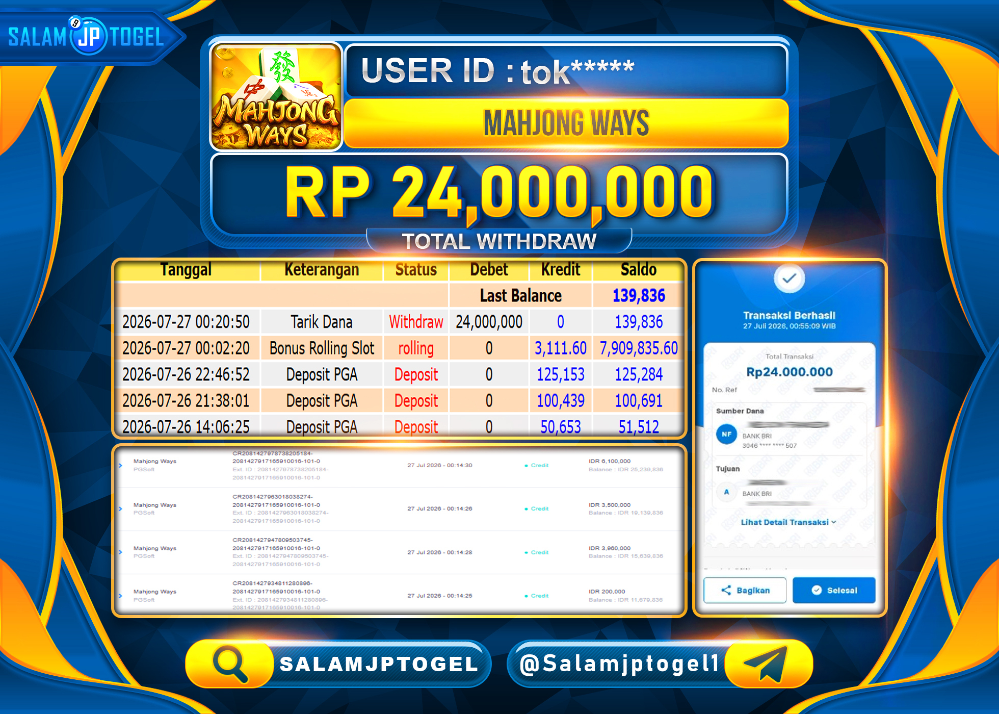 SALAMJPTOGEL JACKPOT MENANG SLOT Mahjong Ways (PGSoft) Rp.24,000,000 - LUNAS
