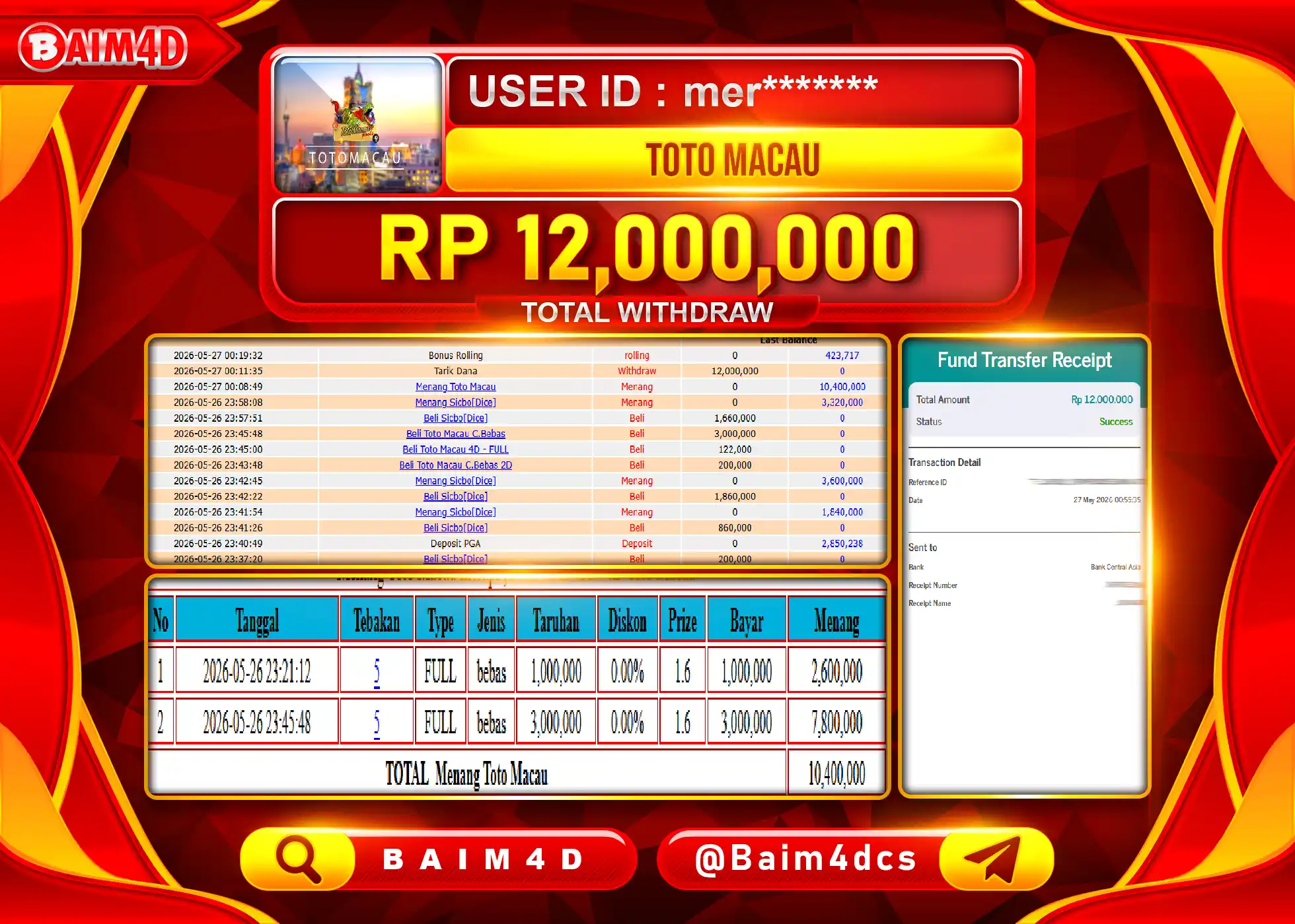 BAIM4D JACKPOT TOGEL PASARAN TOTO MACAU 4D Rp.12,000,000 - LUNAS