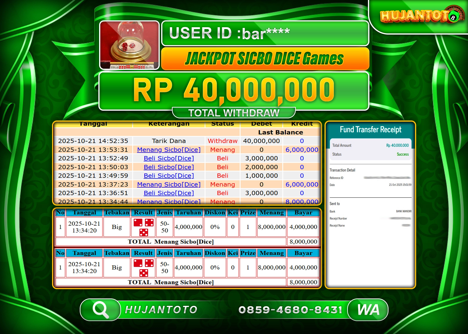 HUJANTOTO - BUKTI JACKPOT MENANG LIVEGAME SICBO[DICE] Rp.40,000,000 - TERBAYAR LUNAS
