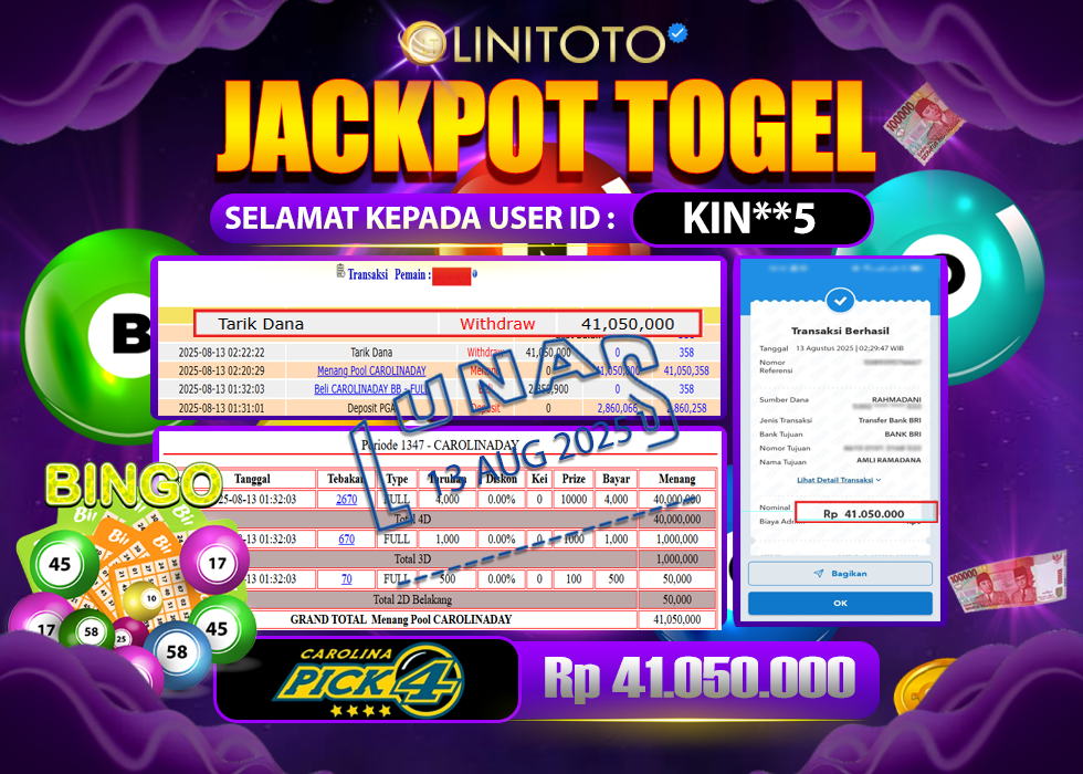 LINITOTO JACKPOT TOGEL CAROLINA DAY Rp.41.050.000- LUNAS