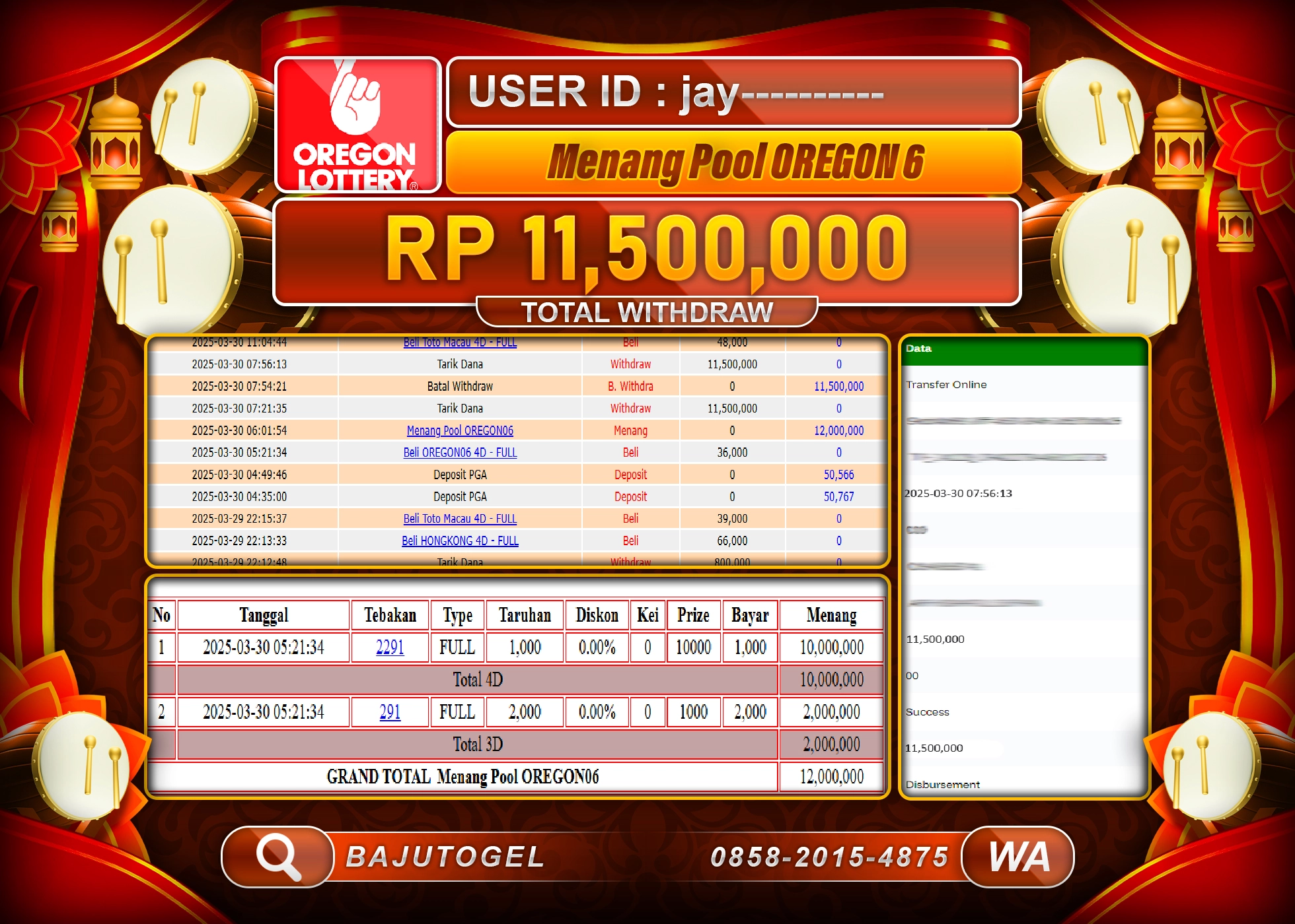 BAJUTOGEL KEMENANGAN LIVE POOL OREGON 6 Rp.11.500.000 LUNAS