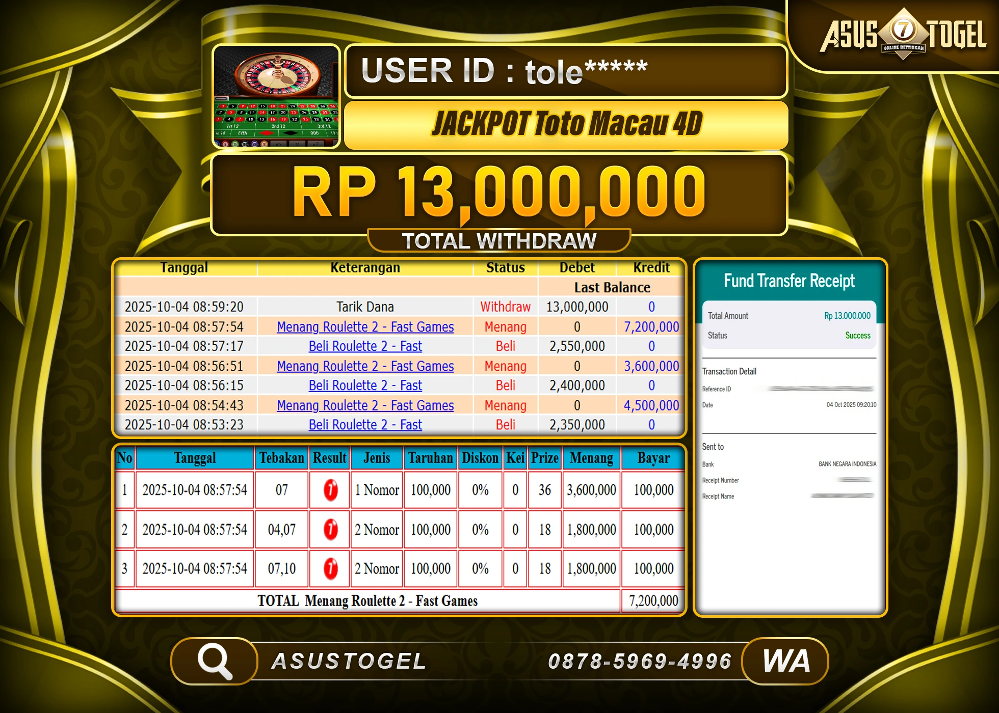 ASUSTOGEL KEMENANGAN DI TOGEL TOTO MACAU 4D SEBESAR 13,000,000- RUPIAH LUNAS