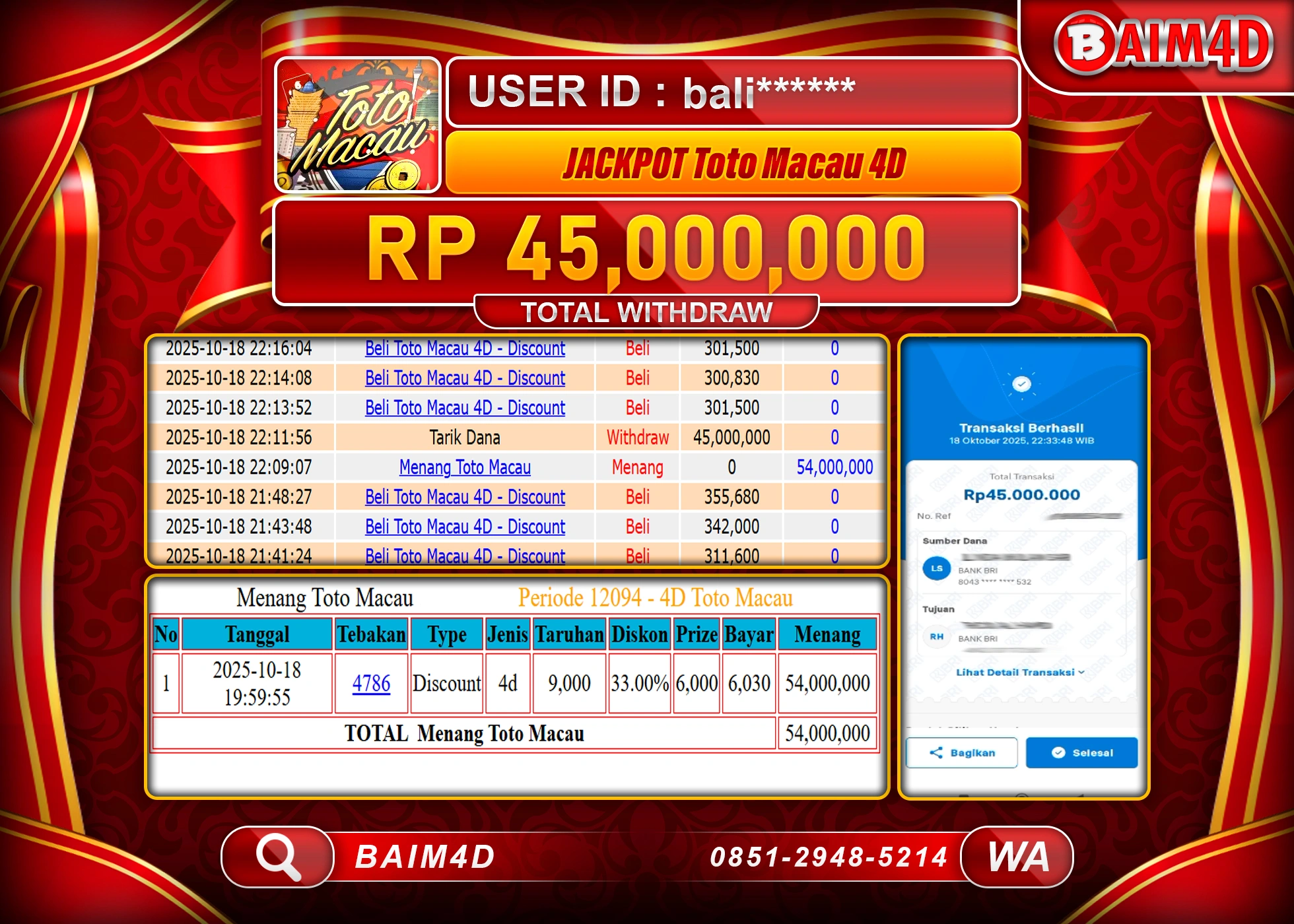 BAIM4D JACKPOT TOGEL TOTO MACAU Rp.45,000,000.- LUNAS