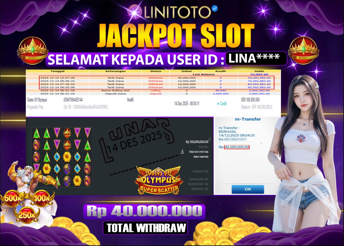 LINITOTO JACKPOT SLOT Gates Of Olympus Rp.40,000,000 - LUNAS
