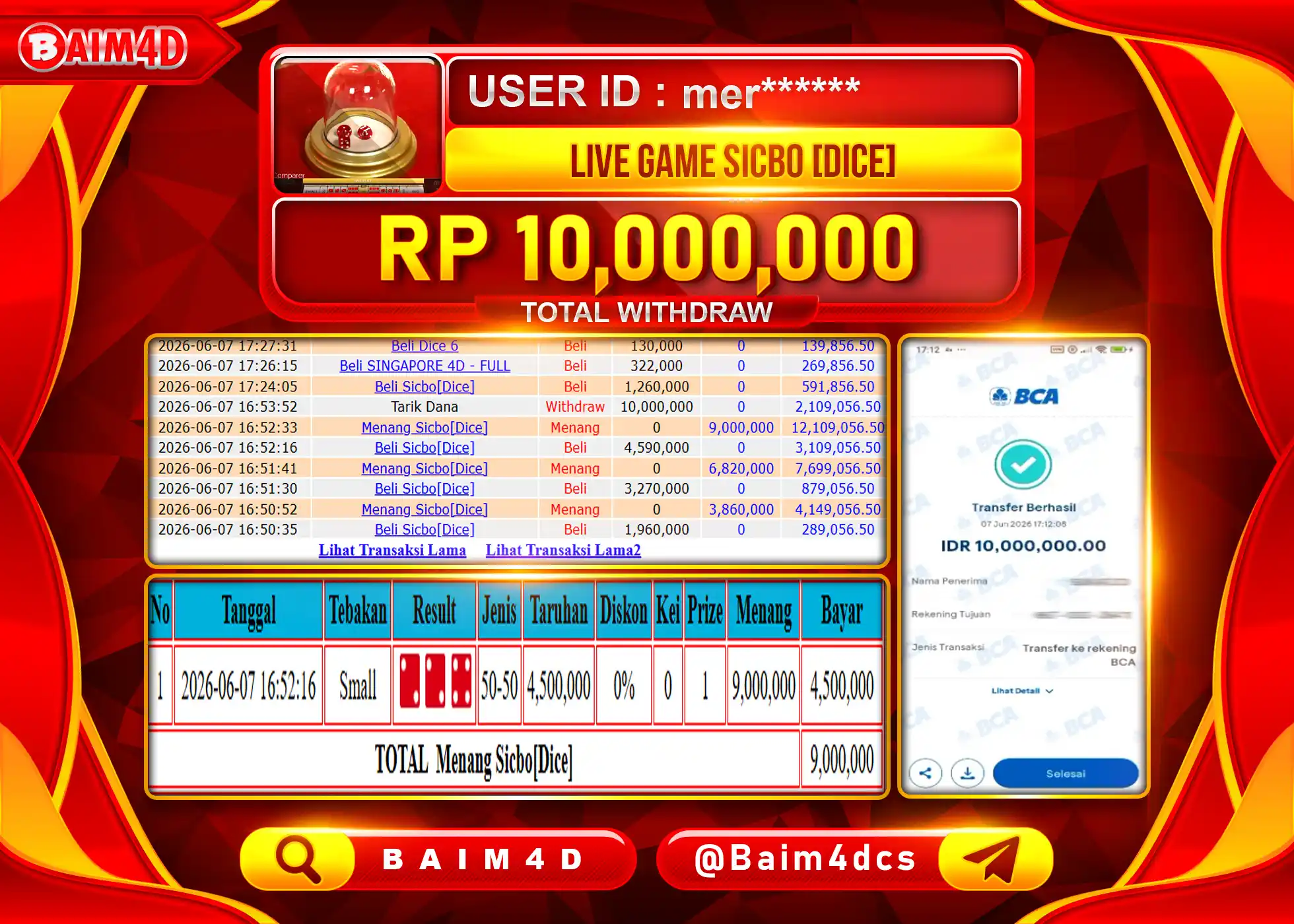 BAIM4D JACKPOT LIVE GAME SICBO {DICE} Rp.10,000,000 - LUNAS