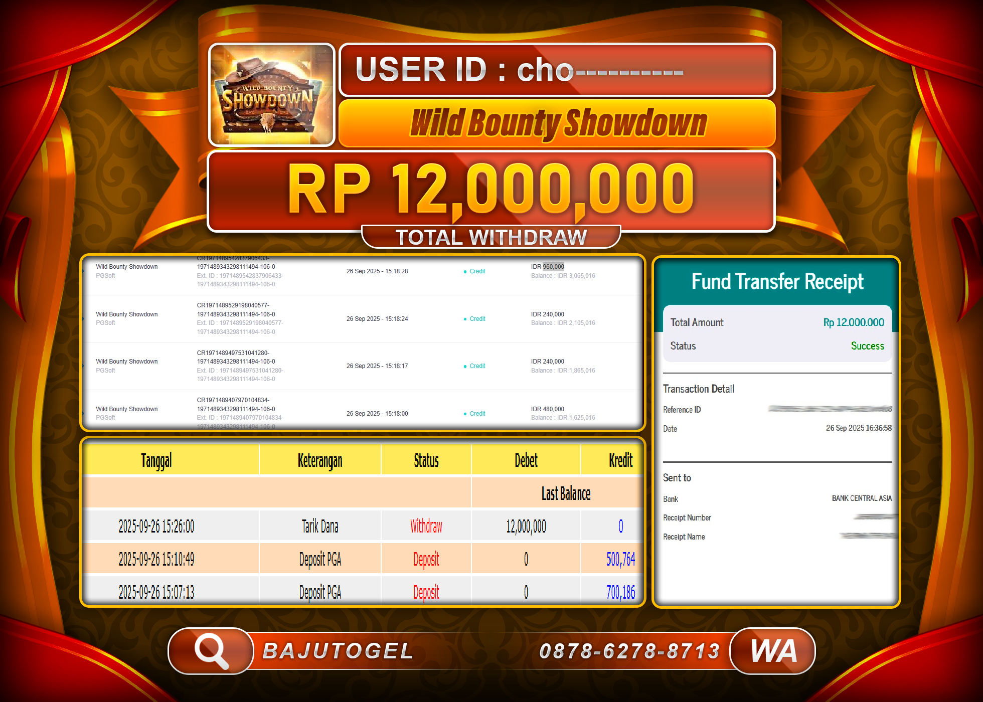 BAJUTOGEL KEMENANGAN WILD BOUNTY SHOWDOWN Rp.12.000.000 LUNAS